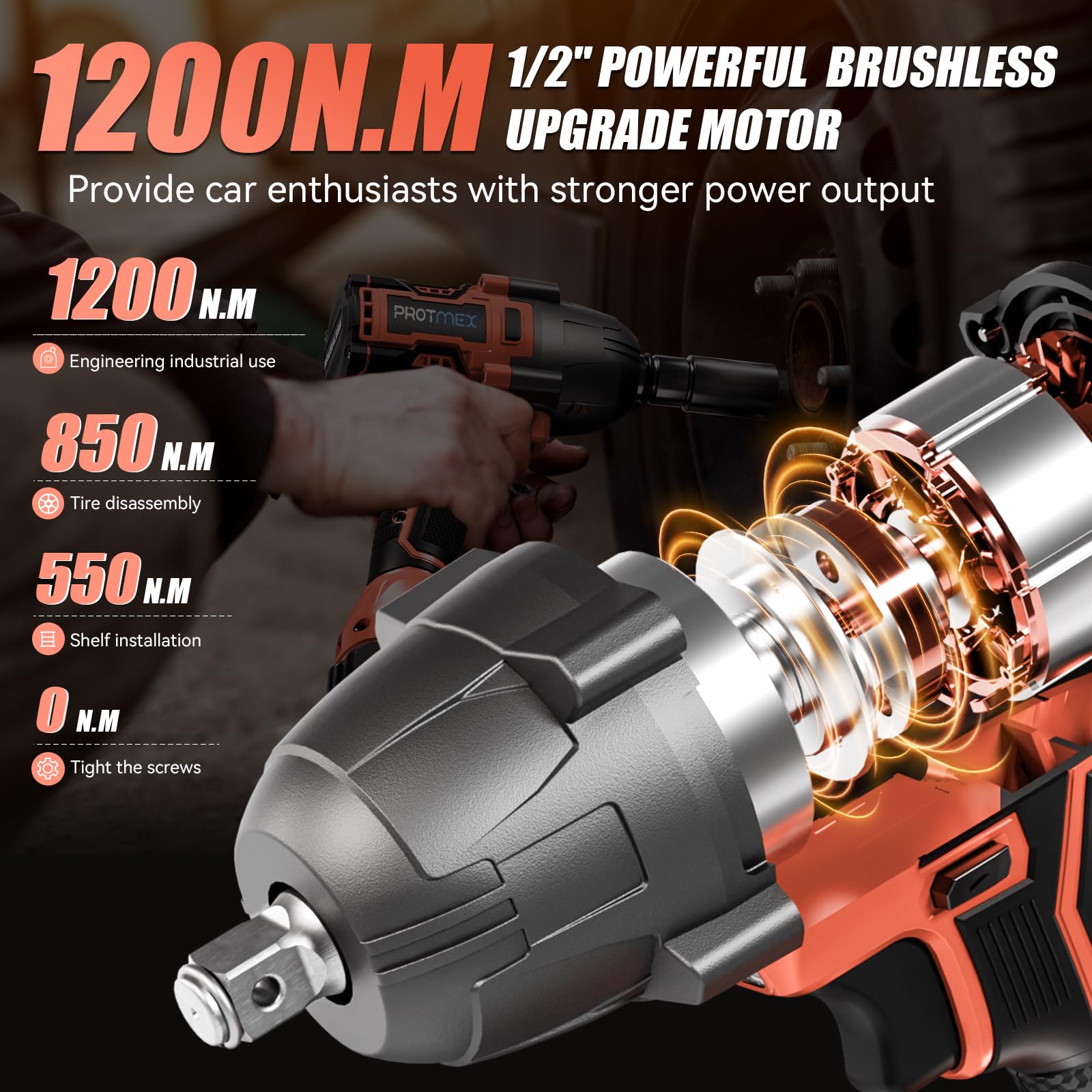 Cordless Impact Wrench, 900Ft-lbs (1200N.m) 1/2" Brushless Impact Gun, 21V High Torque Power Impact Driver, 2x4.0Ah Batteries Electric Impact Motor Variable Speeds for Family Car/Pickup Truck/Mower