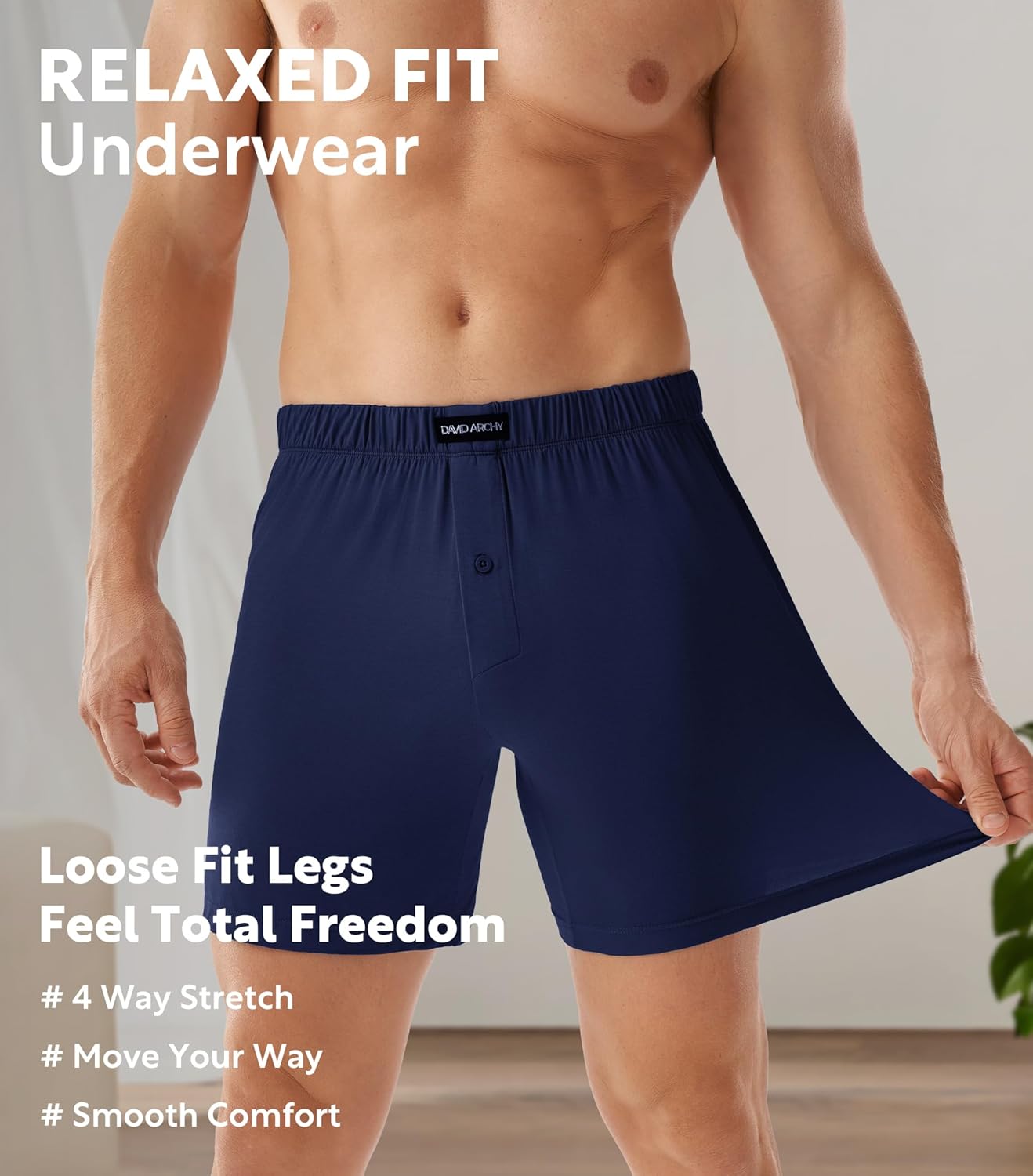 DAVID ARCHY Mens Boxer Shorts Breathable Soft Rayon Made from Bamboo Boxers for Men Loose Fit Mens Underwear 3 or 5 Pack