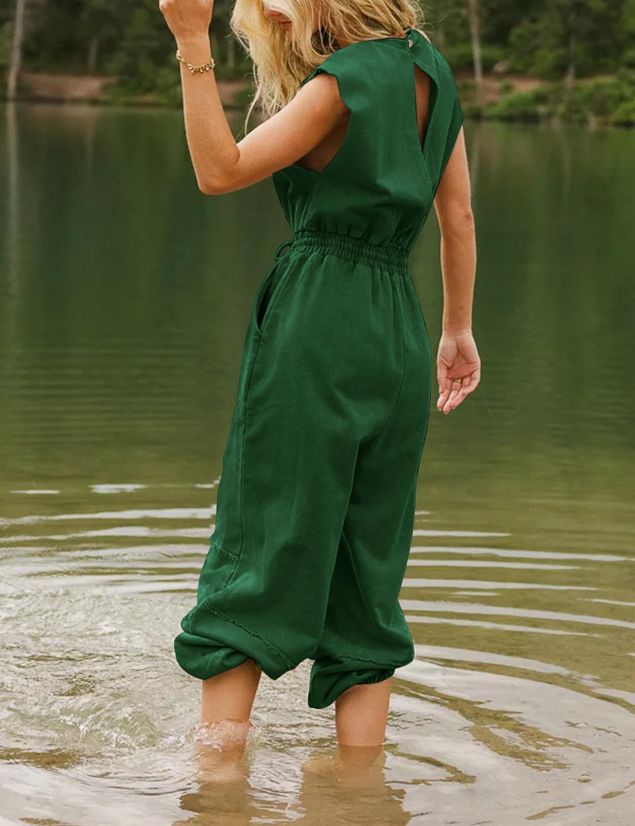 Flygo Womens Casual Jumpsuit Crewneck Cap Sleeve Long Wide Leg Pants One Piece Outfits Drawstring Romper with Pockets(LightGrey-M)