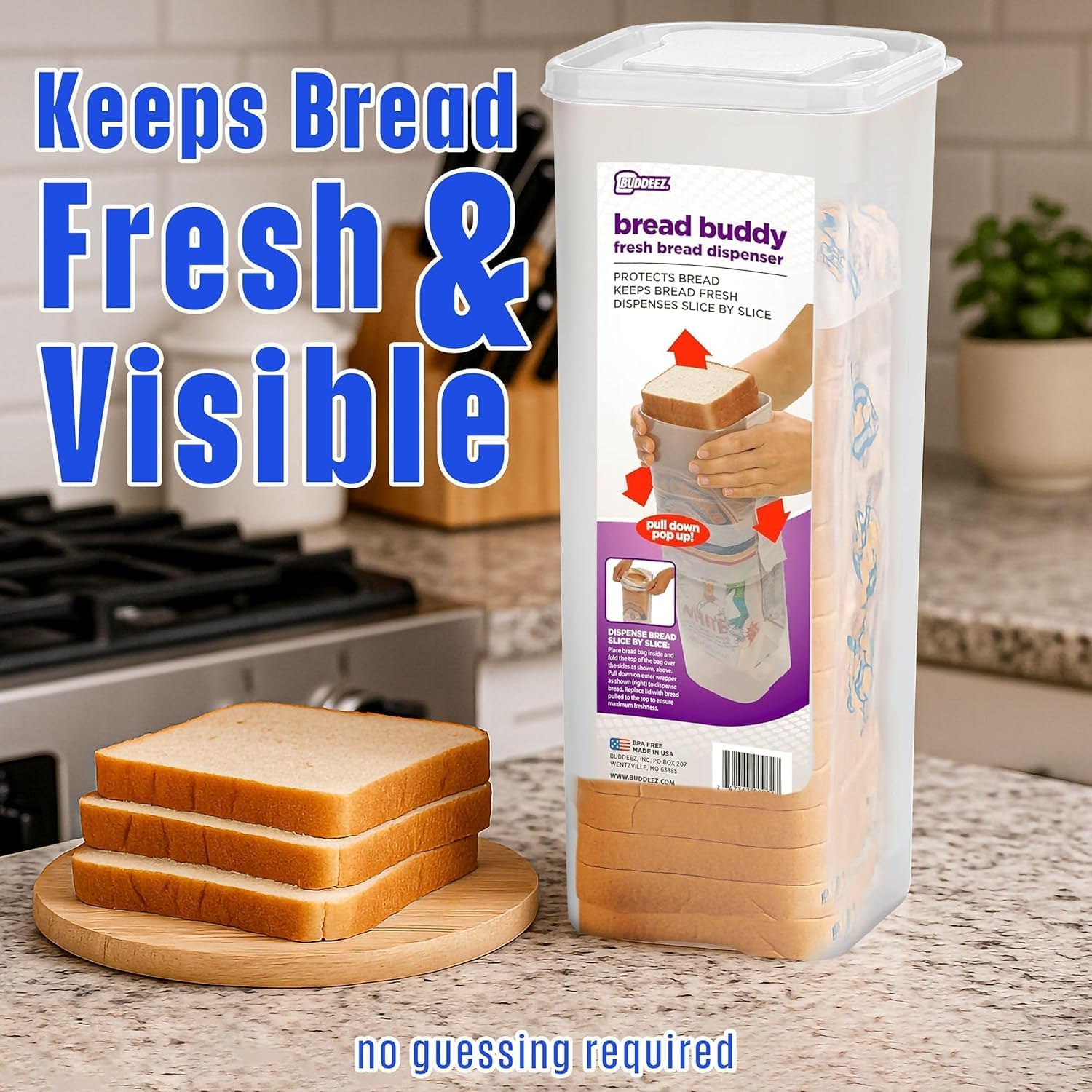 Buddeez Bread Buddy Airtight Bread Storage Container- Slice by Slice Dispensing Design - Perfect Pantry Organizer - White Lid Pack of 2