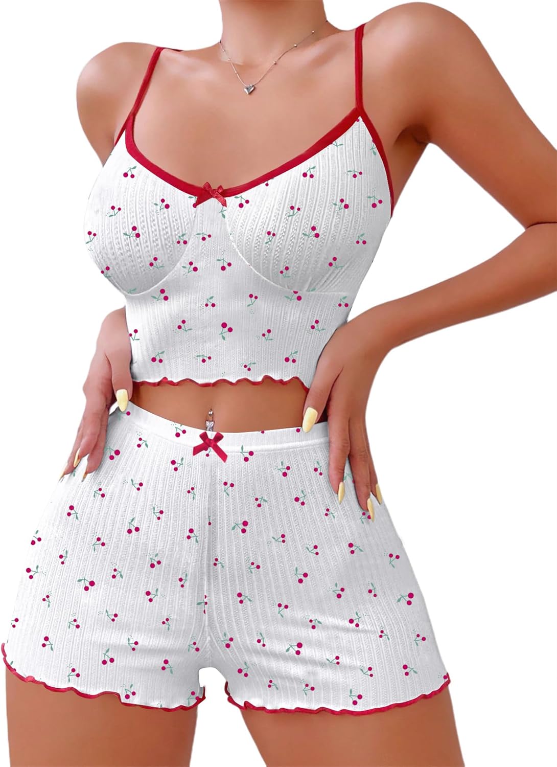 Hilinker Womens Graphic Print Ribbed PJ Set Crop Cami Tops and Shorts Cute Pajamas Set