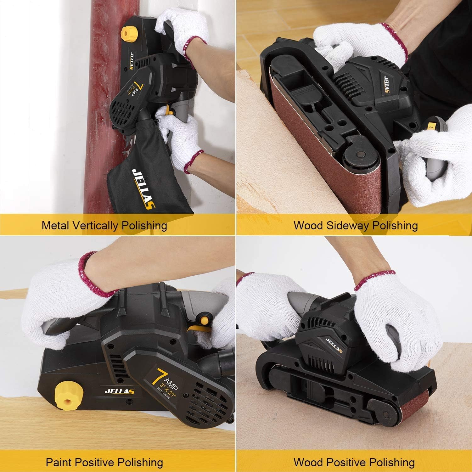 Jellas 7Amp Belt Sander 3 × 21-Inch with Dust Bag, Bench Sander with Variable-speed Control, 2 in 1 Vacuum Adapter, 10 Feet (3 Meters) Length Power Cord, Belt Sanders for Woodworking