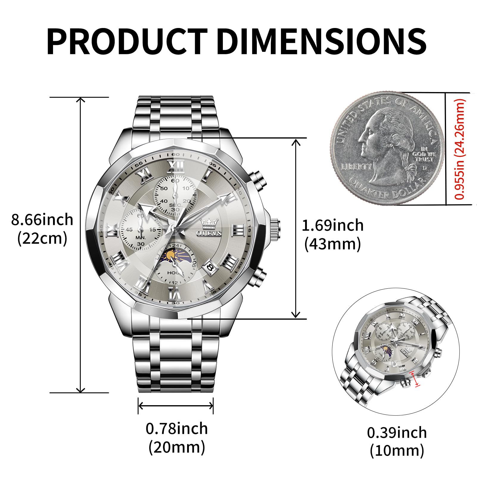 OLEVS Watches Men Luxury Chronograph Moon Phase Waterproof Luminous Watches for Men Analog Quartz Calendar Stainless Steel Strap Wrist Watches-(Black/Blue/Gold/Grey/Silver Face)