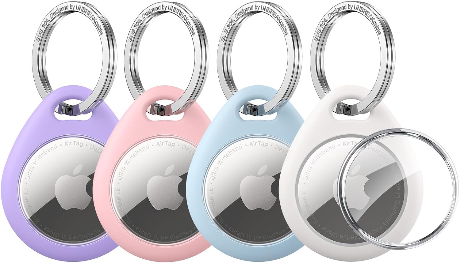 UNBREAKcable AirTag Holder for Apple - 4 Pack Air Tag Case [Fit Tightly Design] [Easy to Install] [Hold Securely] Waterproof TPU Protective Cover with Metal Keychain for Kids,Pet,Luggage,Backpack,Keys