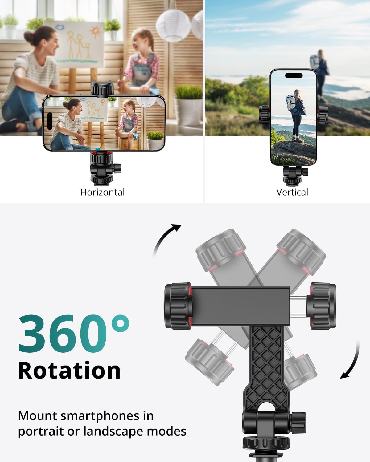 ATUMTEK Phone Tripod Mount, Universal Smartphone Mount Adapter with 2 Cold Shoe and 1/4" Standard Screw, 360° Rotates and 180° Tilts Adjustable Cell Phone Clamp Holder for Perfect Mobile Photography
