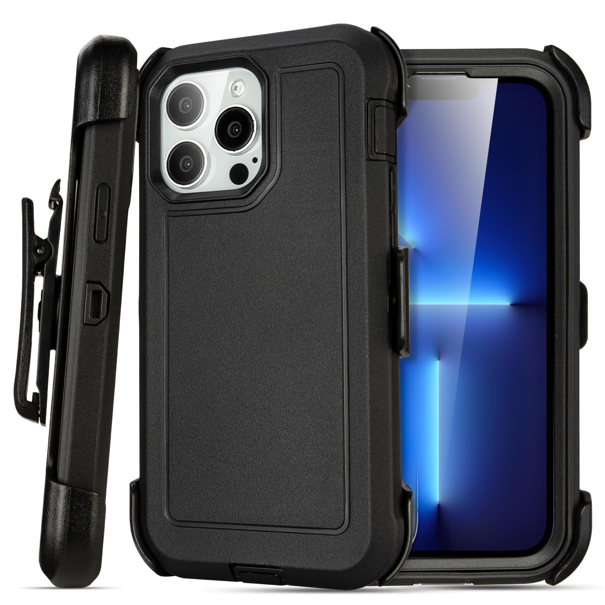 for Black iPhone 15 Case with Belt Clip, Shockproof Heavy Duty Rugged, 3 Layers of Sturdy,Anti-Drop, Military-Grade Defender Cover for iPhone 15 Case Black