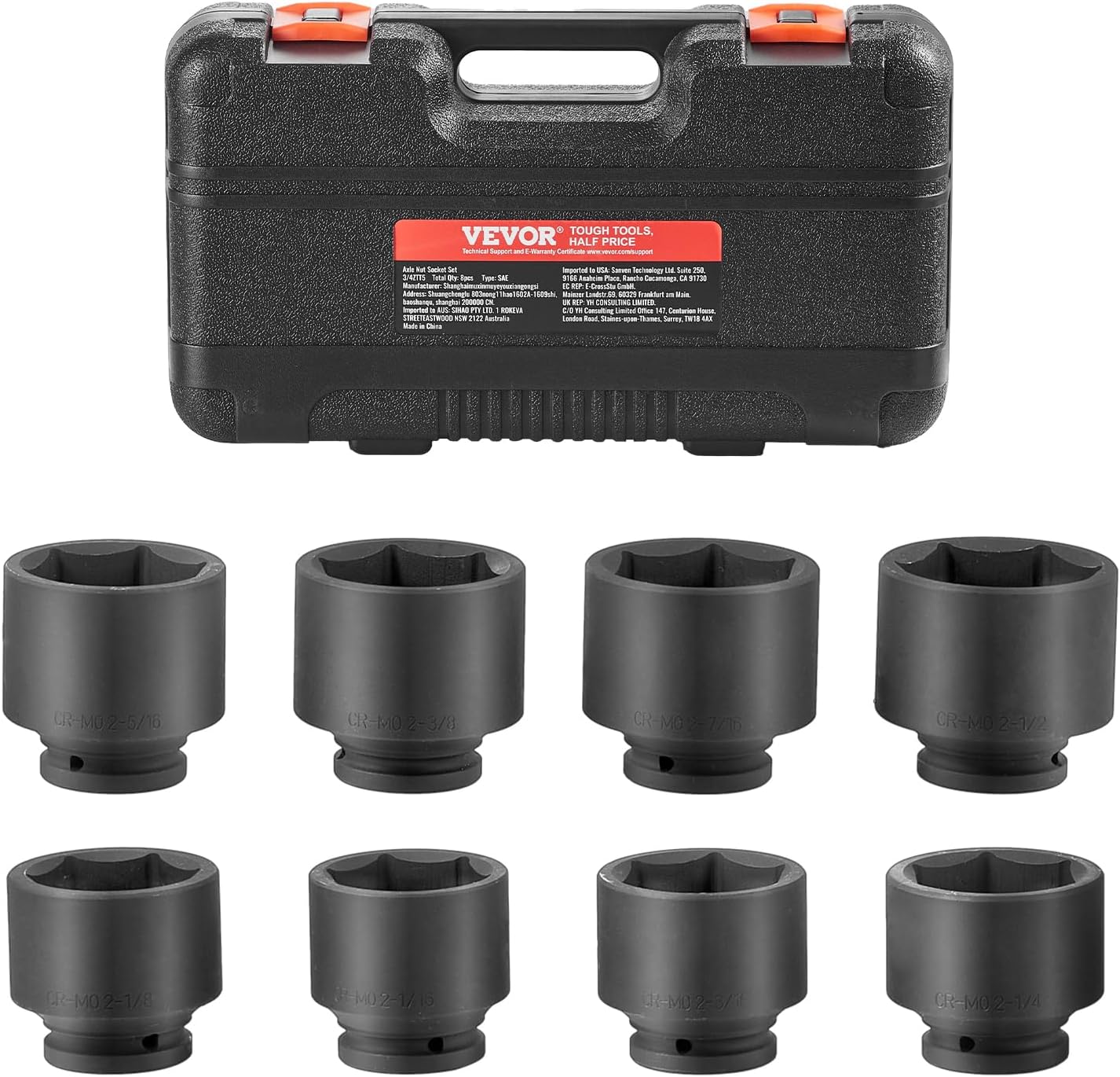 VEVOR 1/2" Drive Impact Socket Set, 65 Piece SAE 3/8" to 1-1/4" and Metric 10-24mm, 6 Point Cr-V Alloy Steel for Auto Repair, Easy-to-Read Size Markings, Rugged Construction, Storage Case