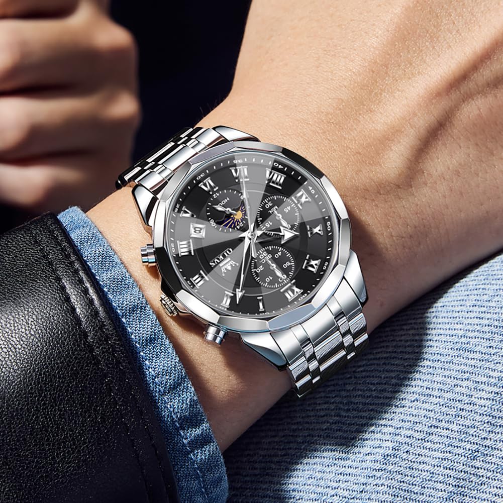 OLEVS Watches Men Luxury Chronograph Moon Phase Waterproof Luminous Watches for Men Analog Quartz Calendar Stainless Steel Strap Wrist Watches-(Black/Blue/Gold/Grey/Silver Face)