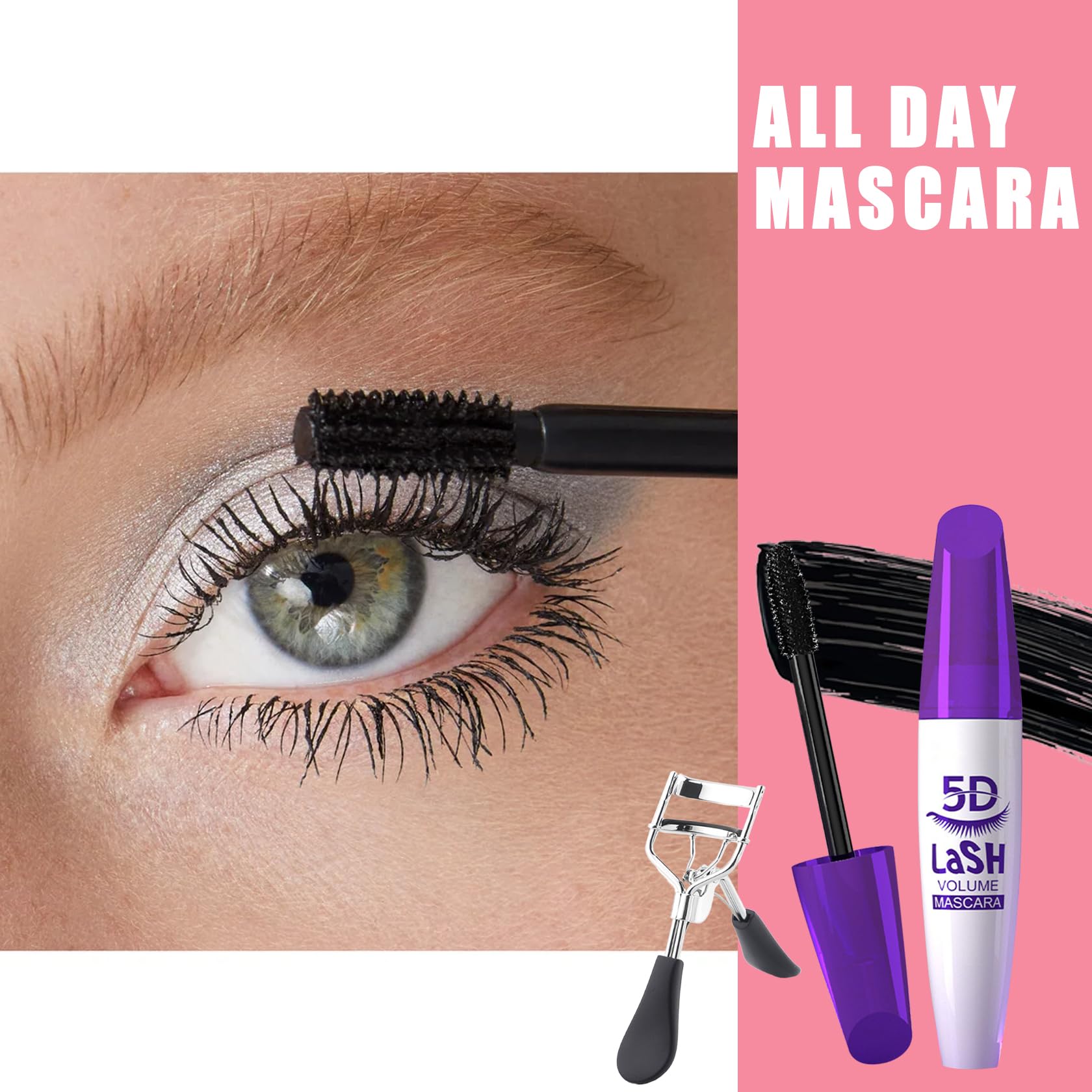 Black Telescopic Mascara Set,3PCS Black Mascara Volume and Length for Eye Makeup,Waterproofing No Clumping Tubing Mascara,No Smudging Curly Black Mascara with Eyelash Curler
