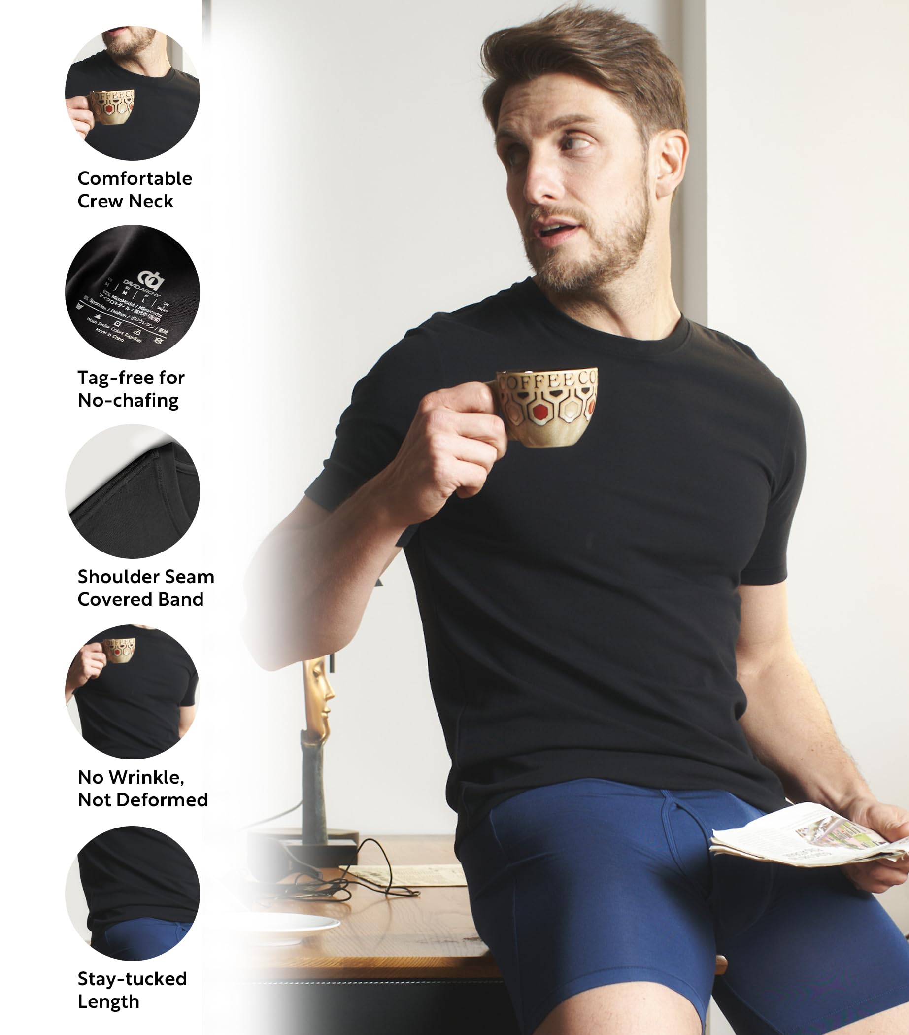 DAVID ARCHY Men's Undershirts Micro Modal Ultra Soft T-Shirts Stretch Moisture-Wicking Crewneck/V-Neck Tees for Men, 3-Pack