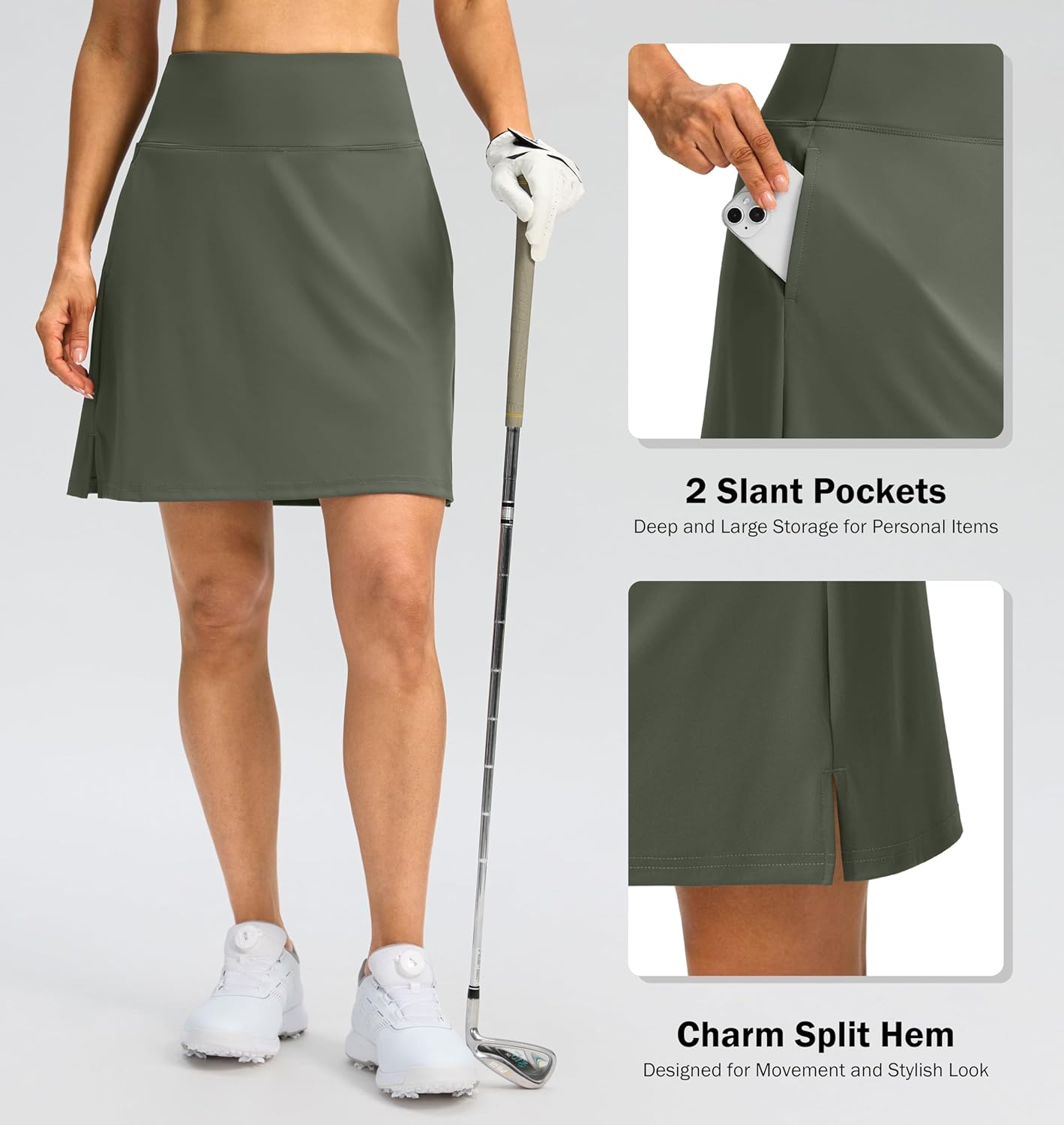 SANTINY 18" Skorts for Women 3 Pockets High Waist Long Athletic Tennis Skirt Golf Skort for Casual Summer Travel