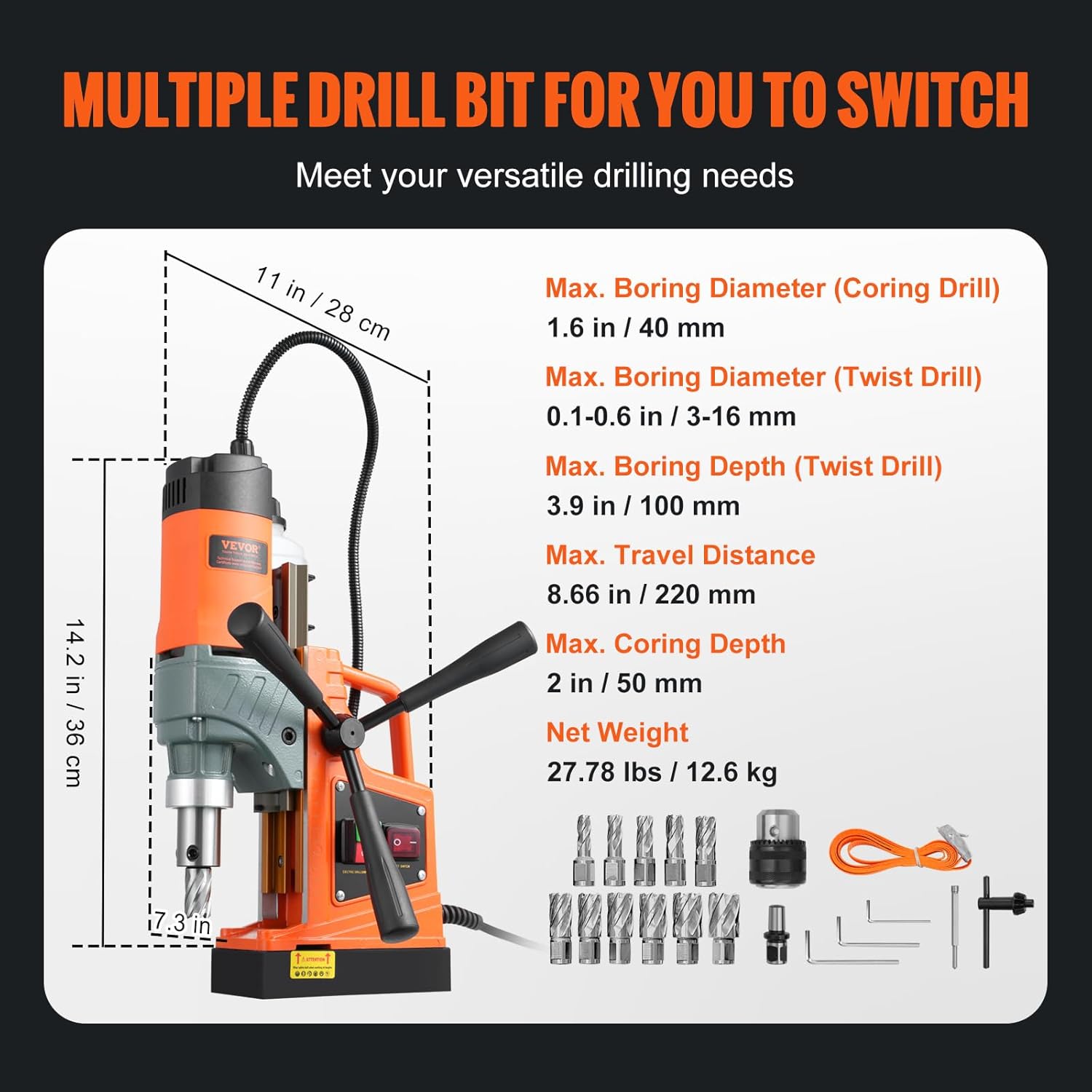 VEVOR Mag Drill Press, 1300W 1.57" Boring Diameter, 2922lbf Power Portable Magnetic Drill, 810 PRM, 11Pcs Drill Bits Electric Drilling Machine for Metal Surface, Industrial and Home Improvement