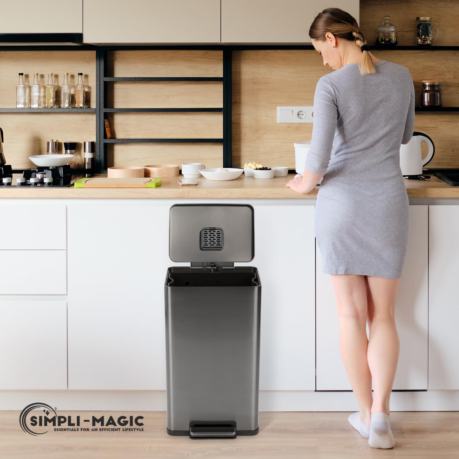 SIMPLI-MAGIC 13.2 Gallon (50L) Step Trash Can – Kitchen Garbage Can with Slow-Close Lid – Odor Control, Hands-Free, Easy to Clean, Brushed Stainless Steel