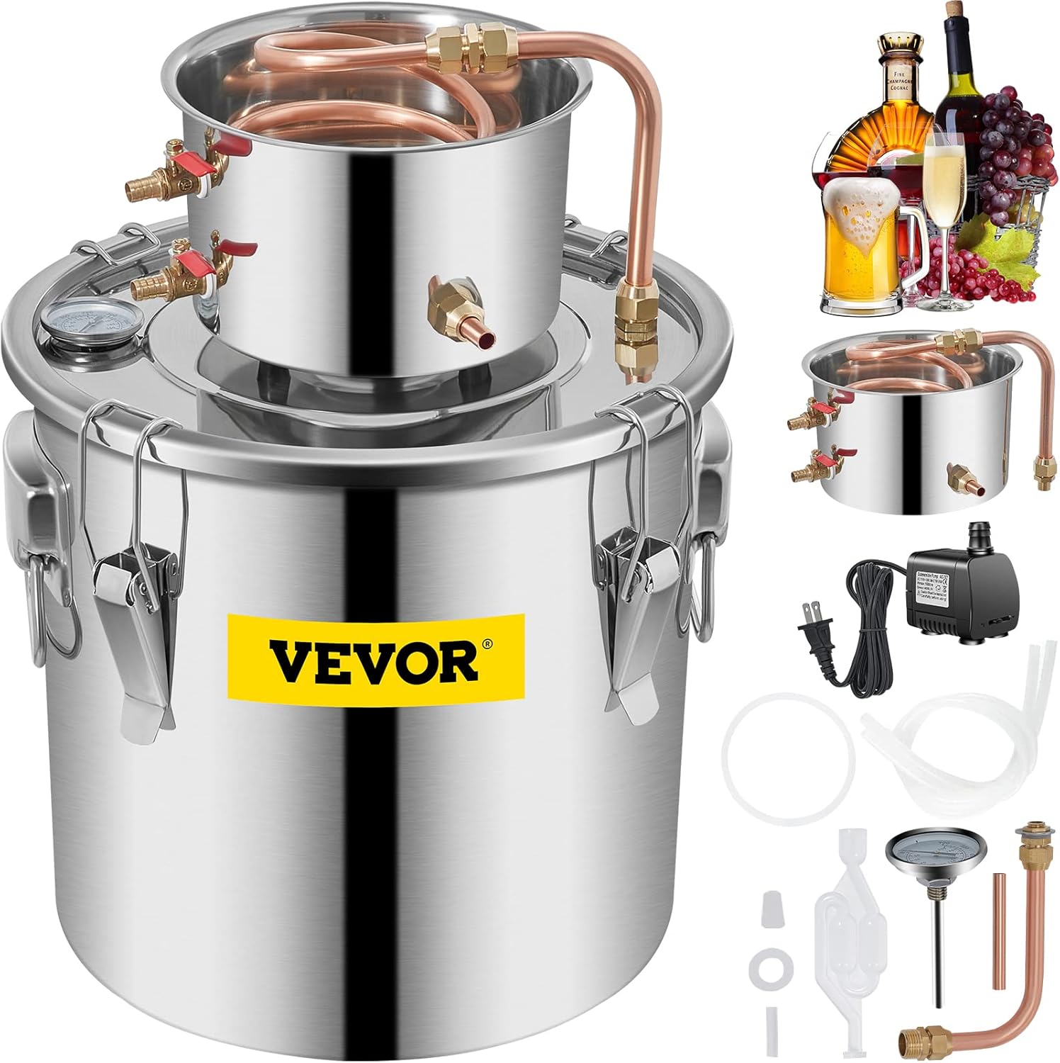 VEVOR Electric Alcohol Still 8Gal/30L, Alcohol Distiller, Distillery Kit for Alcohol include Pump & One-way Exhaust Valve & Thermometer