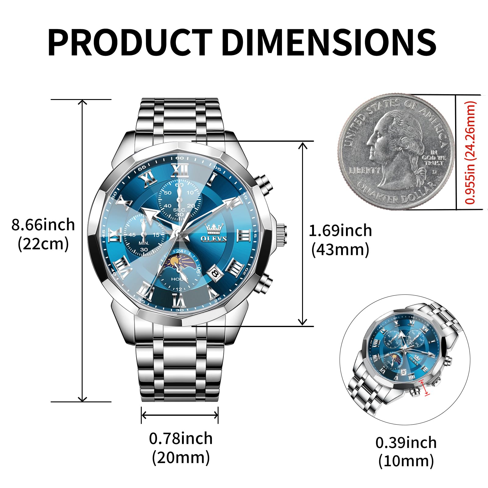 OLEVS Watches Men Luxury Chronograph Moon Phase Waterproof Luminous Watches for Men Analog Quartz Calendar Stainless Steel Strap Wrist Watches-(Black/Blue/Gold/Grey/Silver Face)