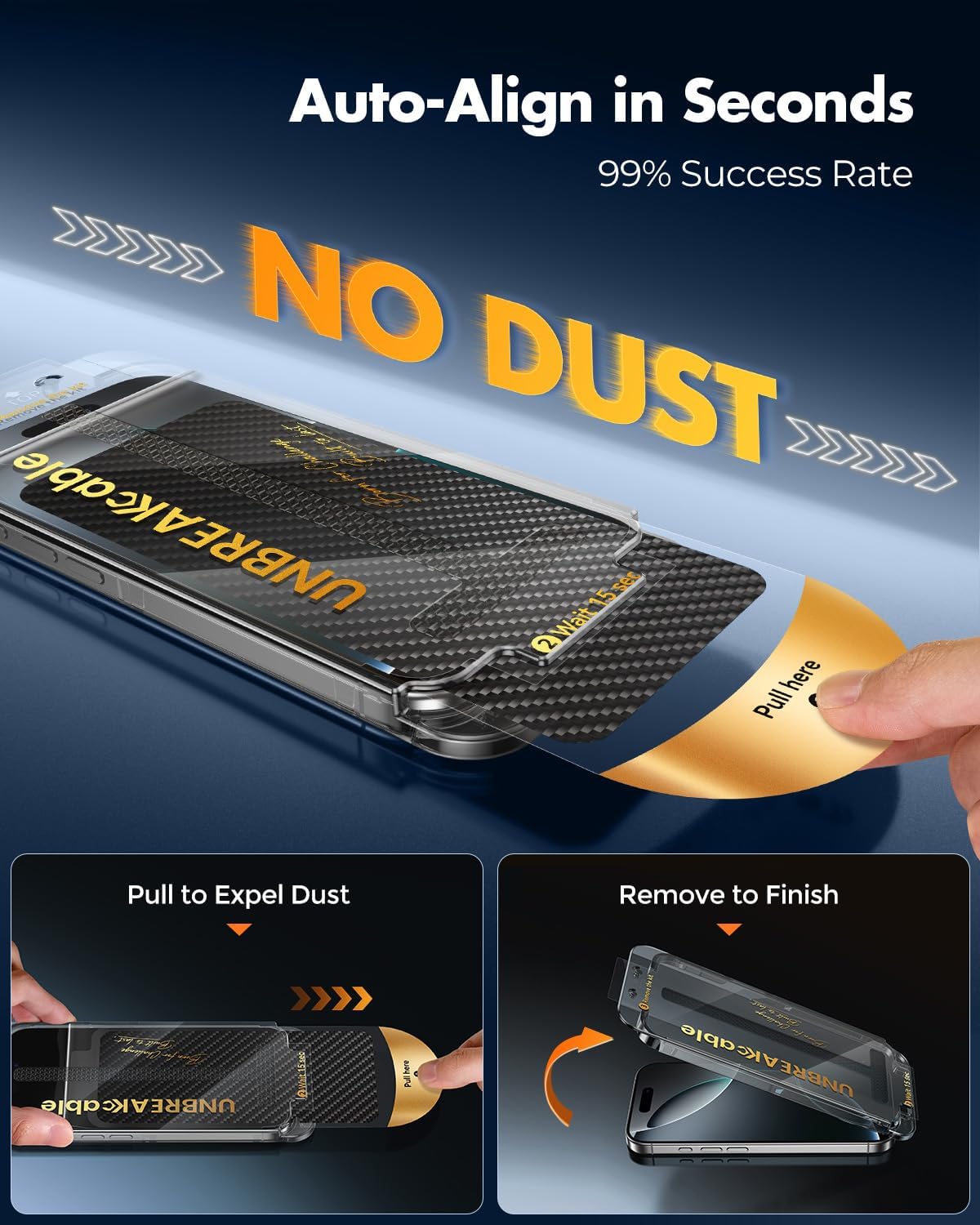 UNBREAKcable for iPhone 16 Pro Screen Protector 4+2 Pack [9H+ Military-Grade Shatterproof] [Effortless Bubble-Free Installation] Ultra HD Clarity Tempered Glass with Lens Protector, Case friendly