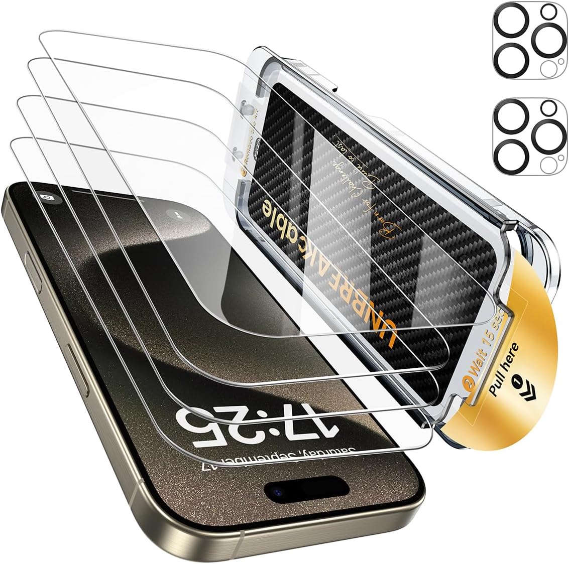 UNBREAKcable for iPhone 16 Pro Screen Protector 4+2 Pack [9H+ Military-Grade Shatterproof] [Effortless Bubble-Free Installation] Ultra HD Clarity Tempered Glass with Lens Protector, Case friendly