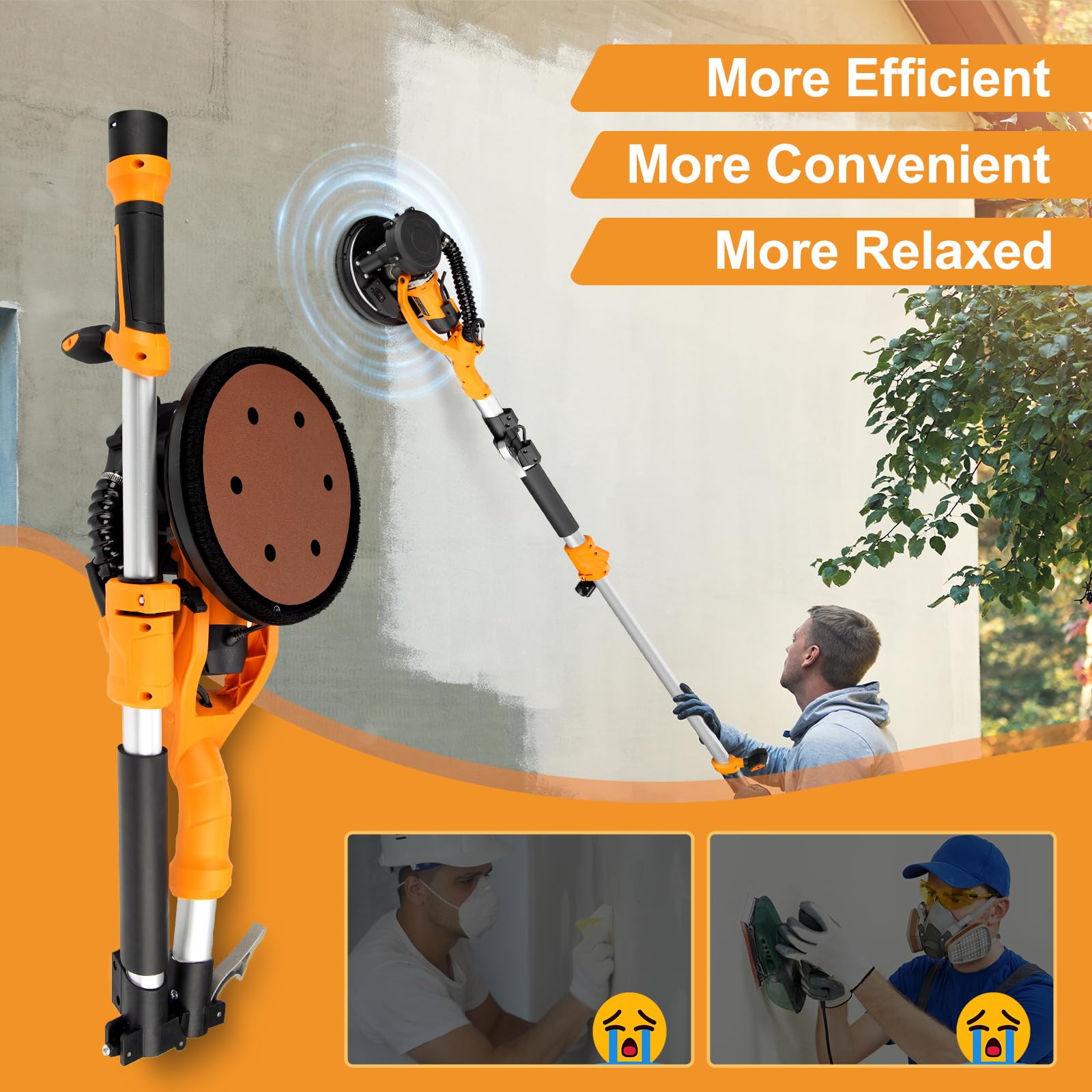 Drywall Sander, 1000W Popcorn Ceiling Removal Tool, Automatic Drywall Sander with Vacuum Dust Collection, LED Light, 6 Variable Speed 800-2200RPM,15Pcs Sanding Discs, Foldable & Extendable Handle