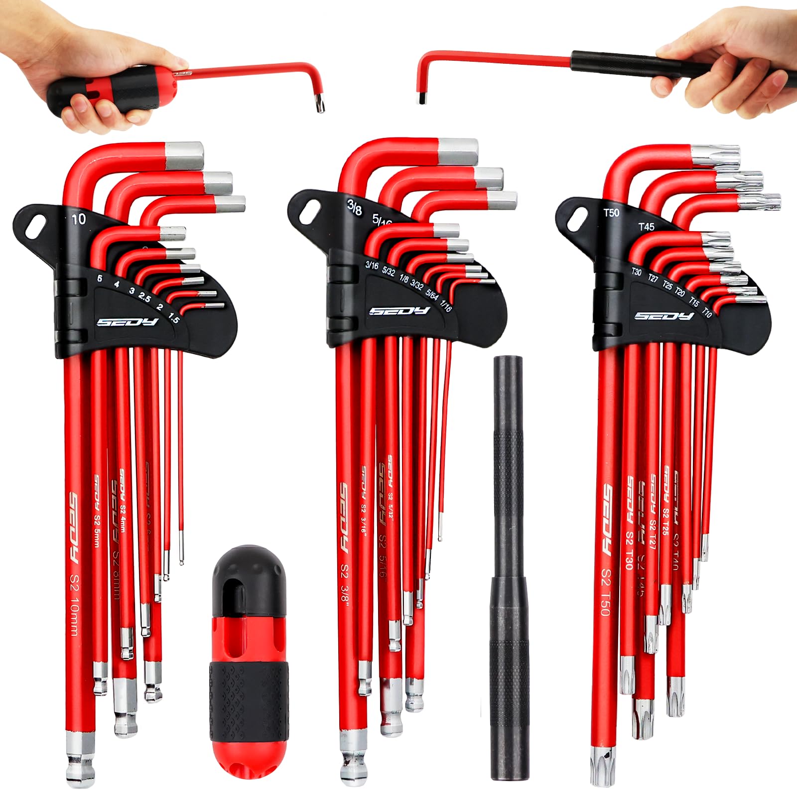 SEDY 32-Piece Hex Key Wrench Set, Metric and SAE Allen Wrenches (0.028-3/8 inch, 0.7-10 mm) L Shape Allen Keys, Chrome Vanadium Steelwith 2x Extension Handle