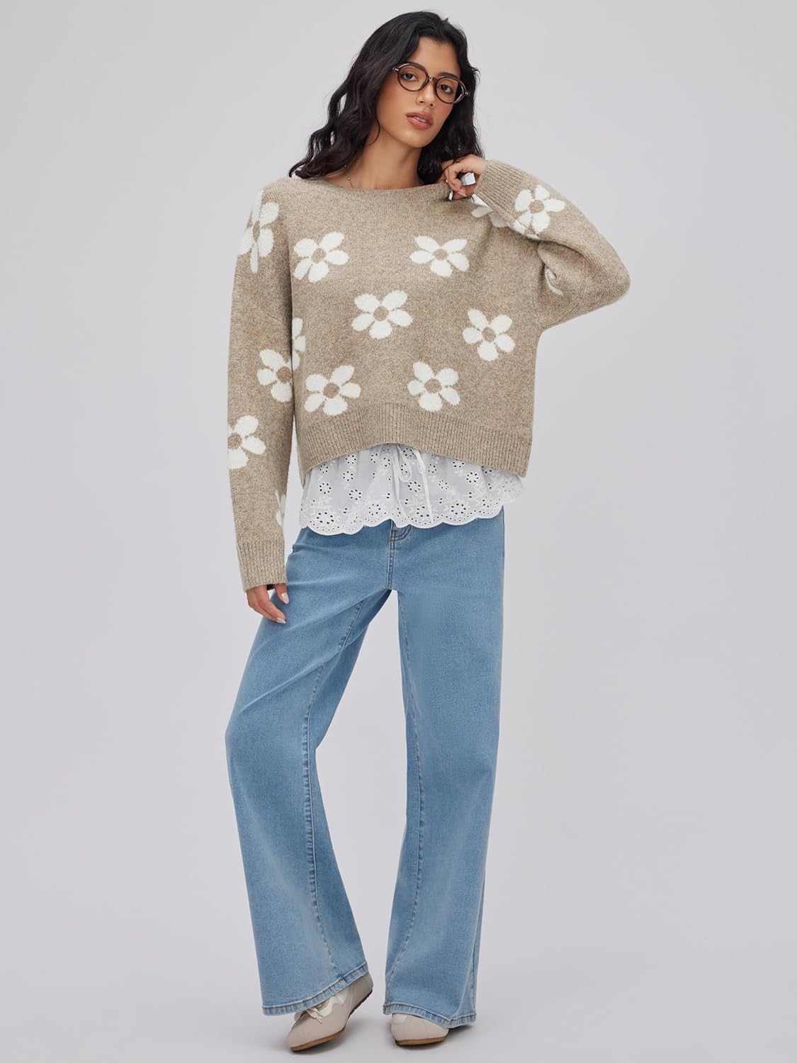 CIDER Floral Cozy Sweaters for Women Trendy Long Sleeve Cute Fall Outfits Casual Knit Pullover Sweater Fashion Clothes