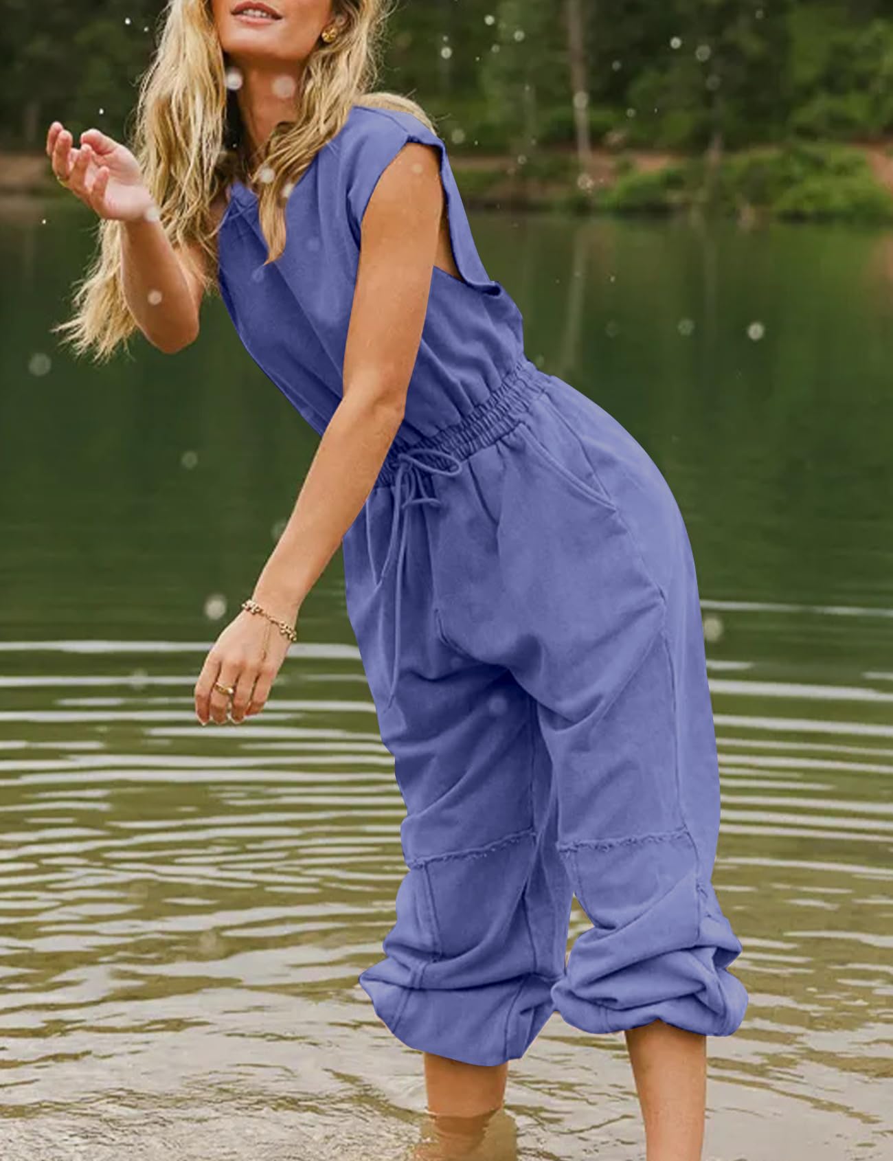 Flygo Womens Casual Jumpsuit Crewneck Cap Sleeve Long Wide Leg Pants One Piece Outfits Drawstring Romper with Pockets(LightGrey-M)