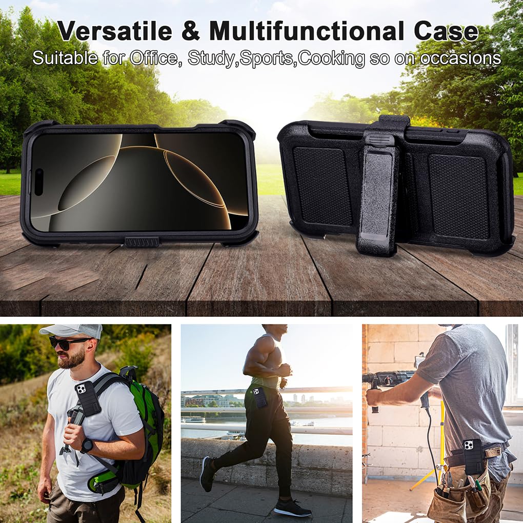 for Phone Case iPhone 16 Pro Max Case Black with Belt Clip Heavy Duty Holster for Shockproof Cases,3 Layers of Sturdy,Military Grade Defender Cover for iPhone 16 Pro Max Cases Black 6.9 Inch