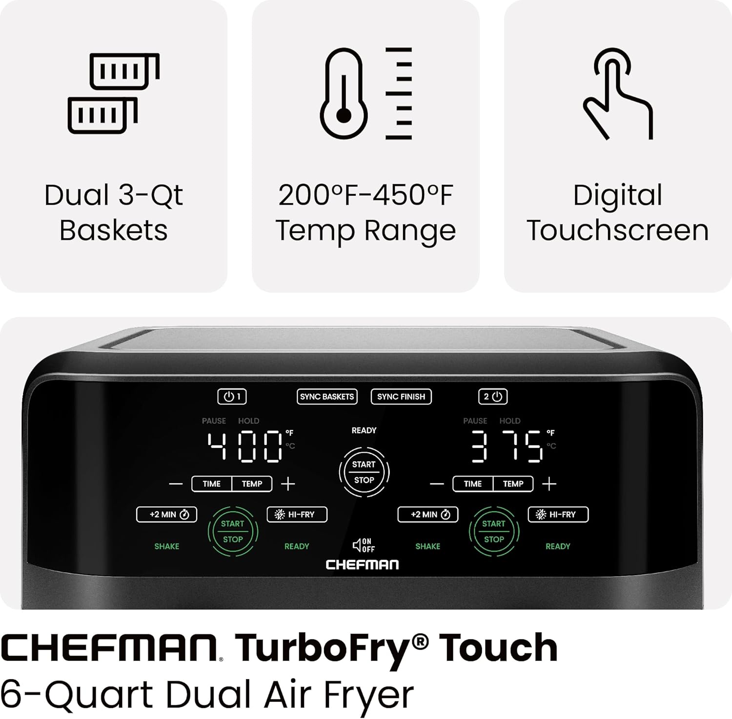 Chefman 6 Quart Dual Basket Air Fryer - Digital Touchscreen, Smart Sync Finish, Hi-Fry, Auto Shutoff, 2 Independent 3QT Nonstick Dishwasher-Safe Frying Baskets - Digital Double Air Fryer - Black