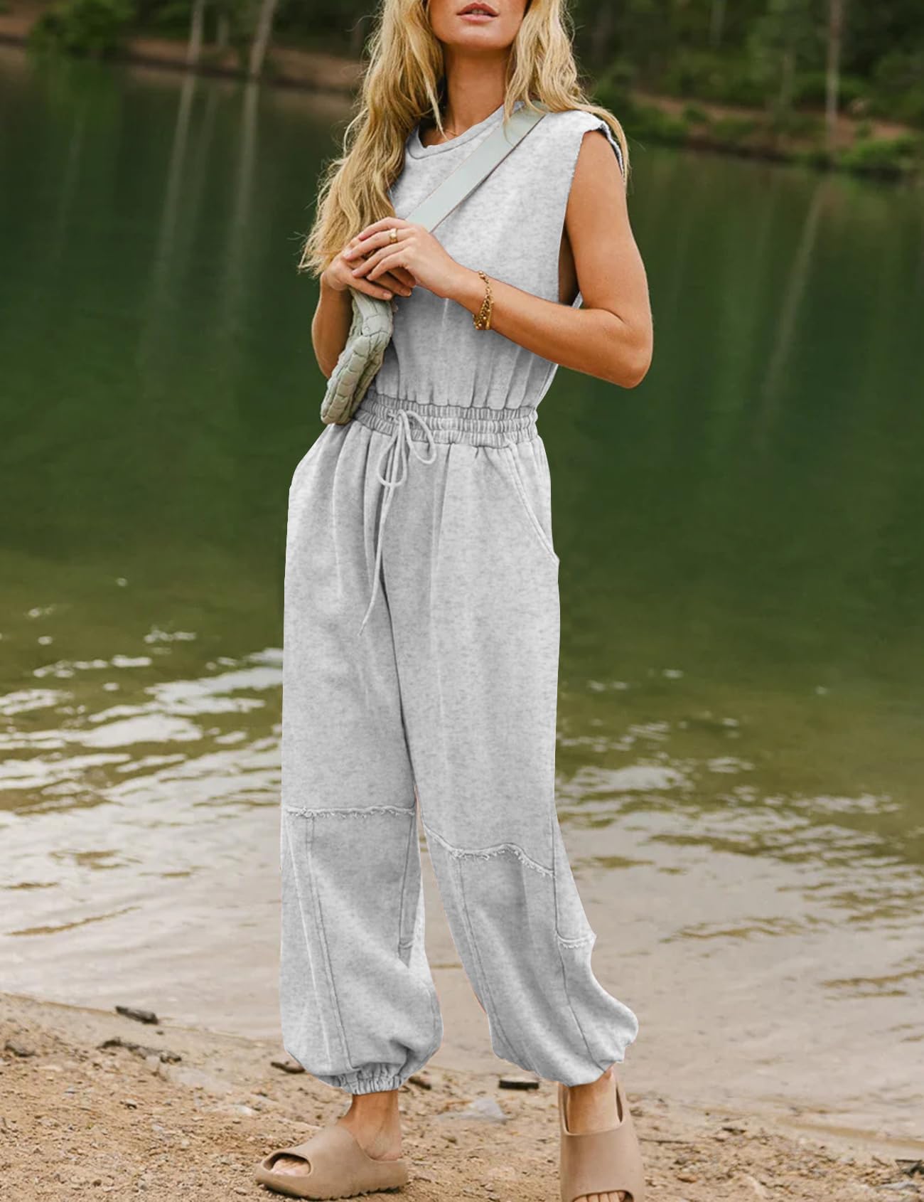 Flygo Womens Casual Jumpsuit Crewneck Cap Sleeve Long Wide Leg Pants One Piece Outfits Drawstring Romper with Pockets(LightGrey-M)