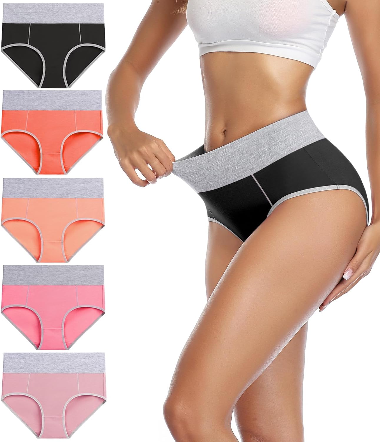 wirarpa Women's Cotton Underwear High Waist Stretch Briefs Soft Underpants Ladies Full Coverage Panties 5 Pack