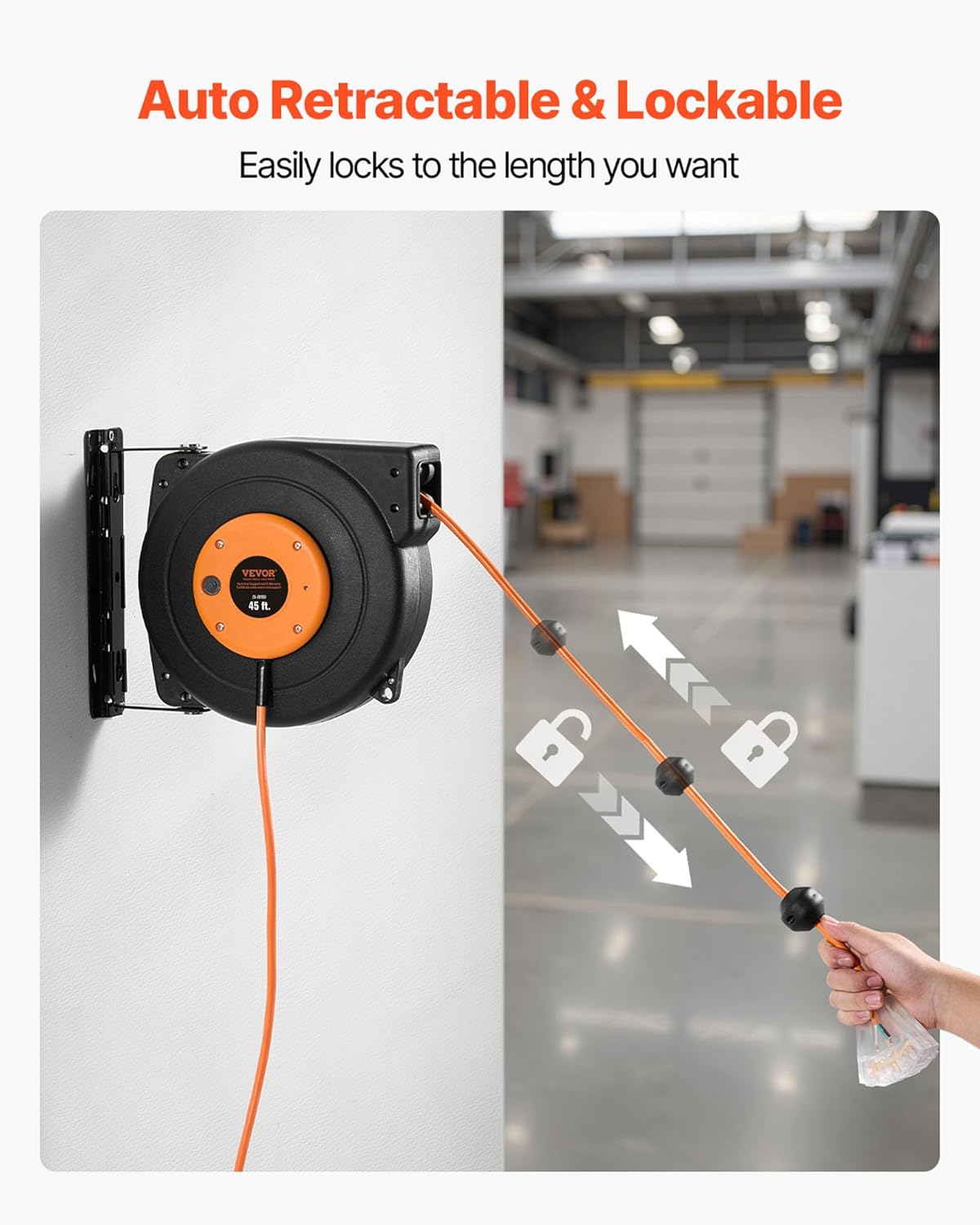 VEVOR Retractable Extension Cord Reel, 45 FT, Heavy Duty 12AWG/3C SJTOW Power Cord, with Lighted Triple Tap Outlet, 15 Amp Circuit Breaker, 180° Swivel Bracket for Ceiling or Wall Mount