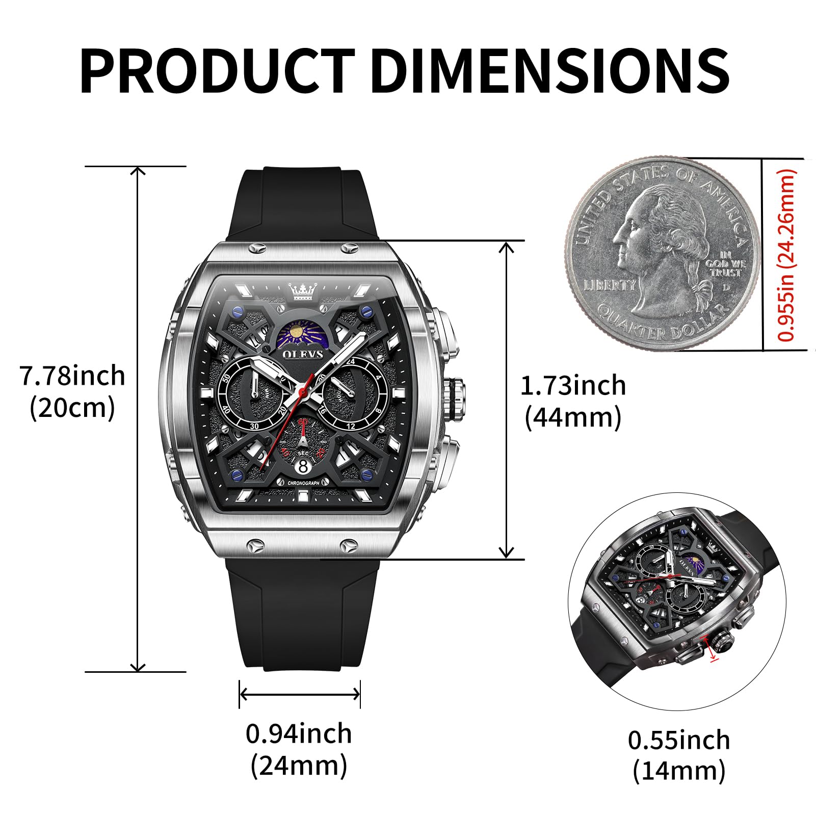 OLEVS Watches Men Chronograph Waterproof Rectangle Face Moon Phase Watches for Men Luminous Quartz Calendar Mens Wrist Watch - Silicon Strap
