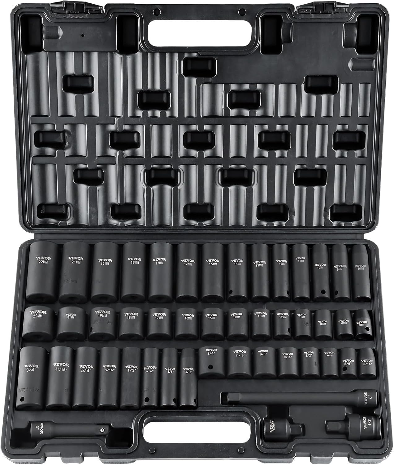 VEVOR Impact Socket Set 3/8" Drive, 48-Piece Standard SAE (5/16 to 3/4 inch) & Metric (8 to 22 mm) Size, Deep & Shallow, 6 Point, CR-V, Extension Bar, Universal Joint, 1/2" F to 3/8" M Reducer