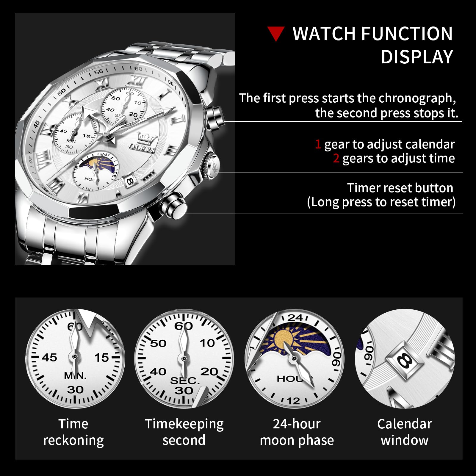 OLEVS Watches Men Luxury Chronograph Moon Phase Waterproof Luminous Watches for Men Analog Quartz Calendar Stainless Steel Strap Wrist Watches-(Black/Blue/Gold/Grey/Silver Face)