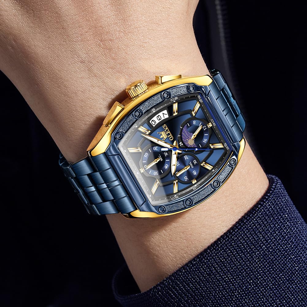 OLEVS Watches Men Chronograph Waterproof Rectangle Face Moon Phase Stainless Steel Strap Dress Watches for Men Luminous Quartz Calendar Mens Wrist Watch