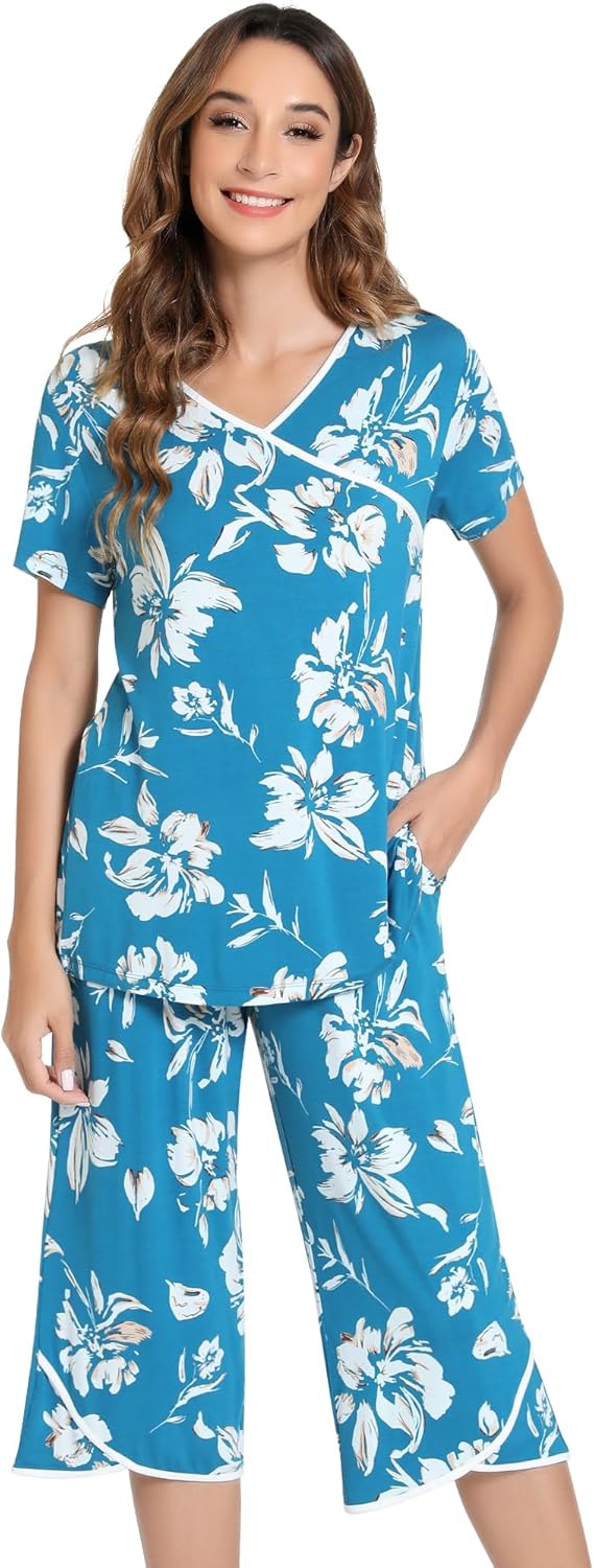 NACHILA Women’s Pajamas-Viscose Made from Bamboo, Short Sleeve Pjs Top with Capri Pajama Sets for Women Cool V Neck Sleepwear