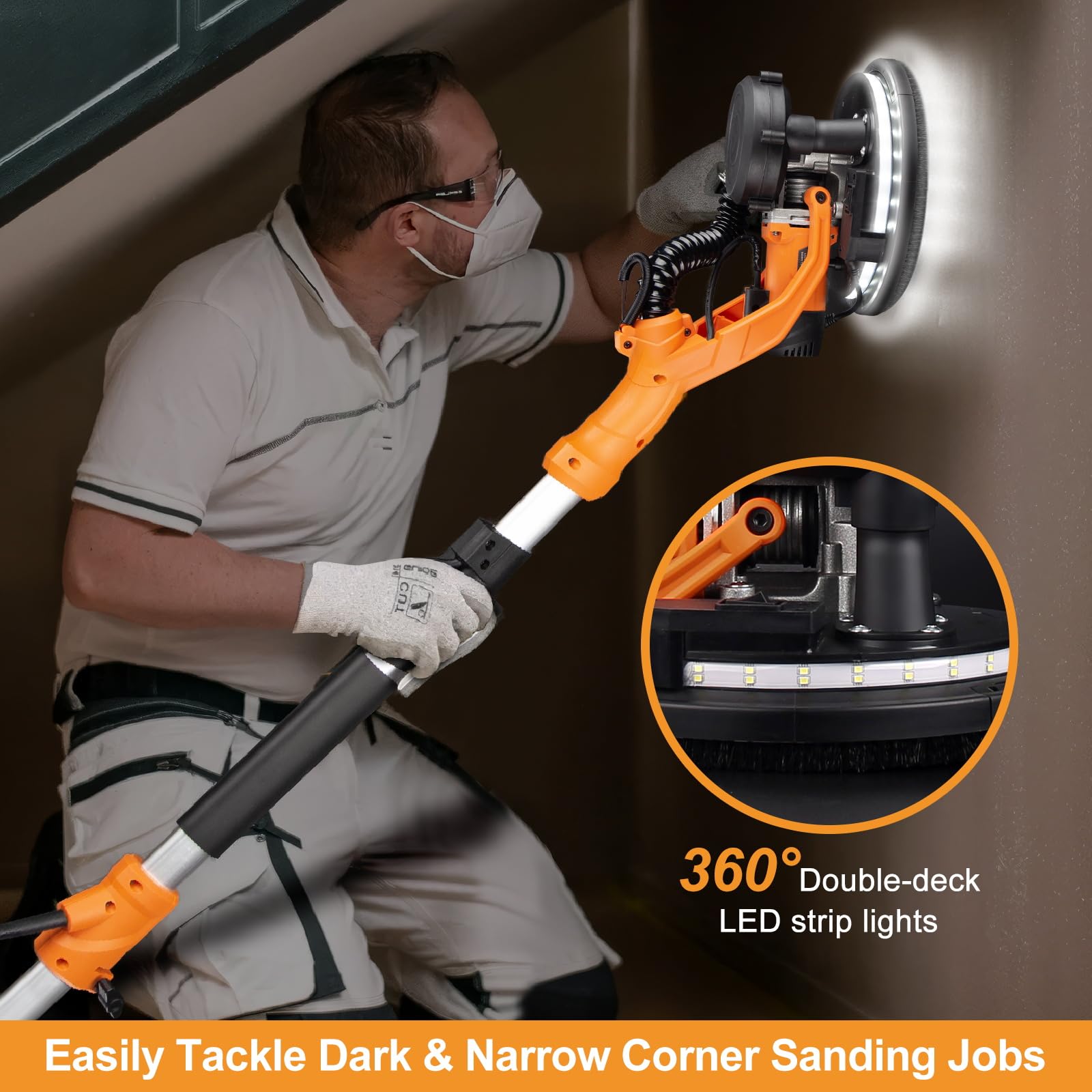 Drywall Sander, 1000W Popcorn Ceiling Removal Tool, Automatic Drywall Sander with Vacuum Dust Collection, LED Light, 6 Variable Speed 800-2200RPM,15Pcs Sanding Discs, Foldable & Extendable Handle