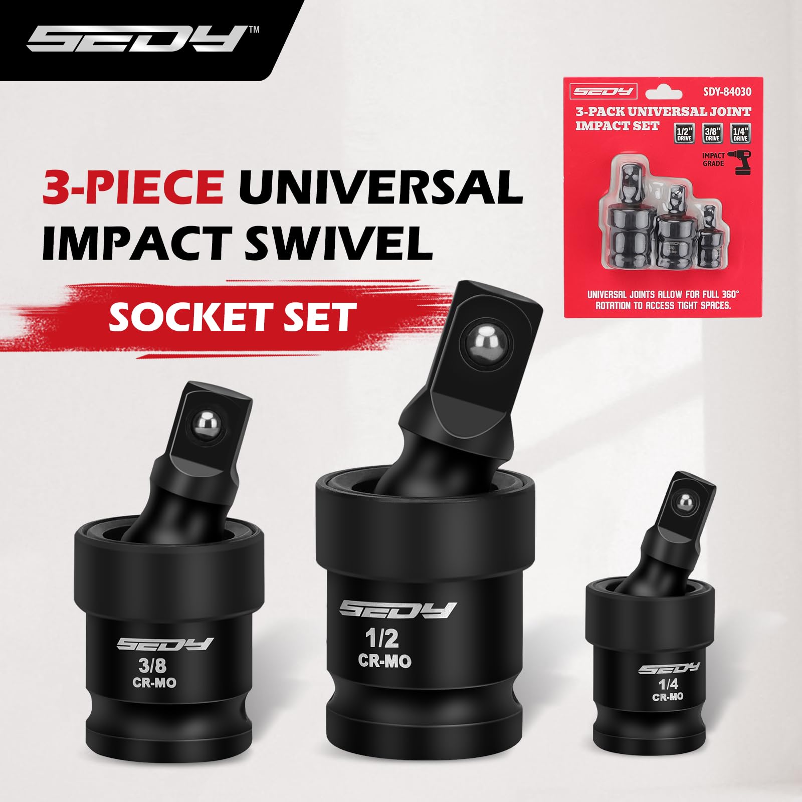 Impact Universal Joint-Socket Swivel Set: 3-Piece 1/2", 3/8", 1/4" Flexible Socket Swivel Set Premium CR-MO Steel U Joint Adapter Wobble