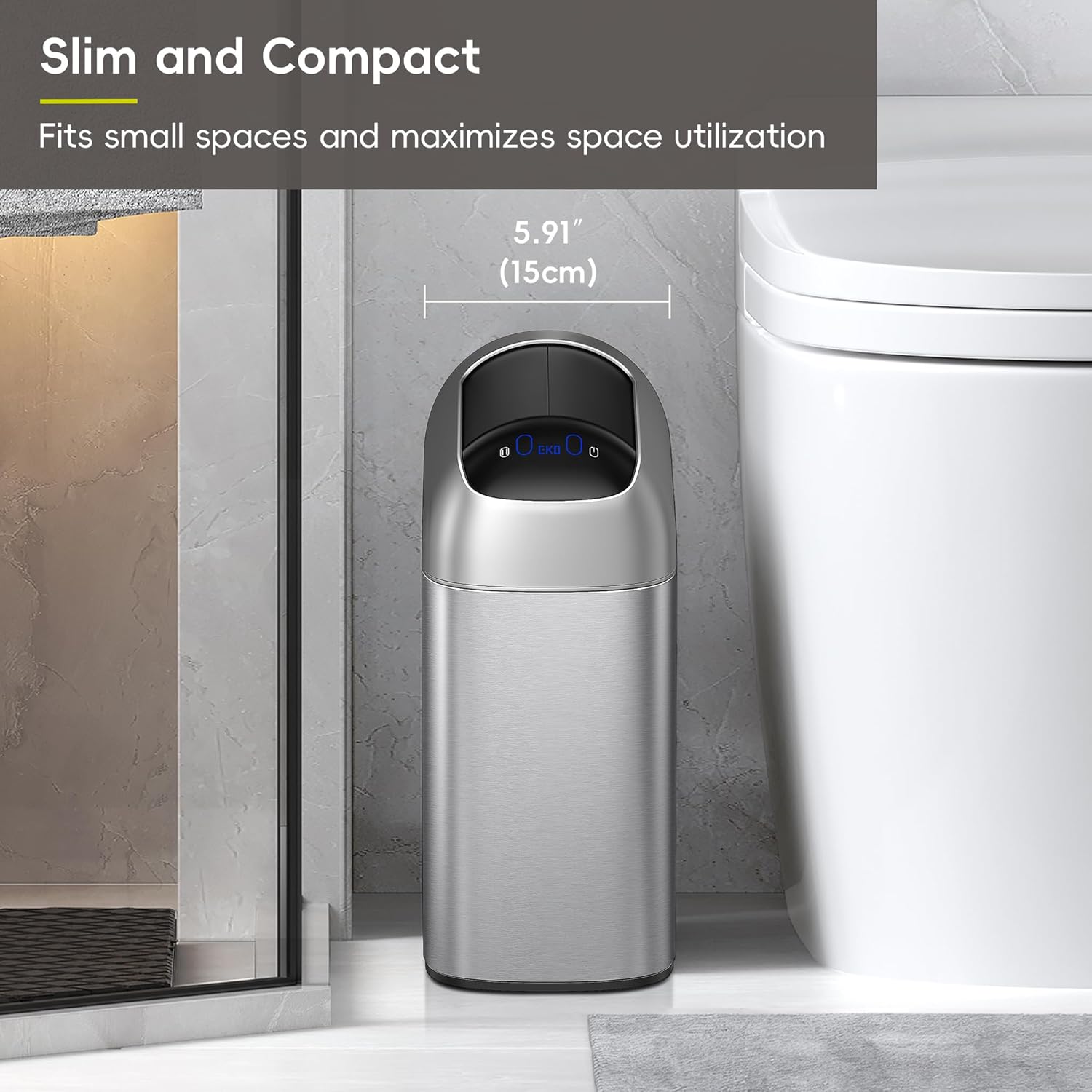 EKO Astro Slim Sensor Trash Can, 10L / 2.6 Gallon Touchless Garbage Bin with Soft-Close Butterfly Lid, Motion Sensor Stainless Steel Trash Can for Bathroom, Kitchen and Office, Waterproof