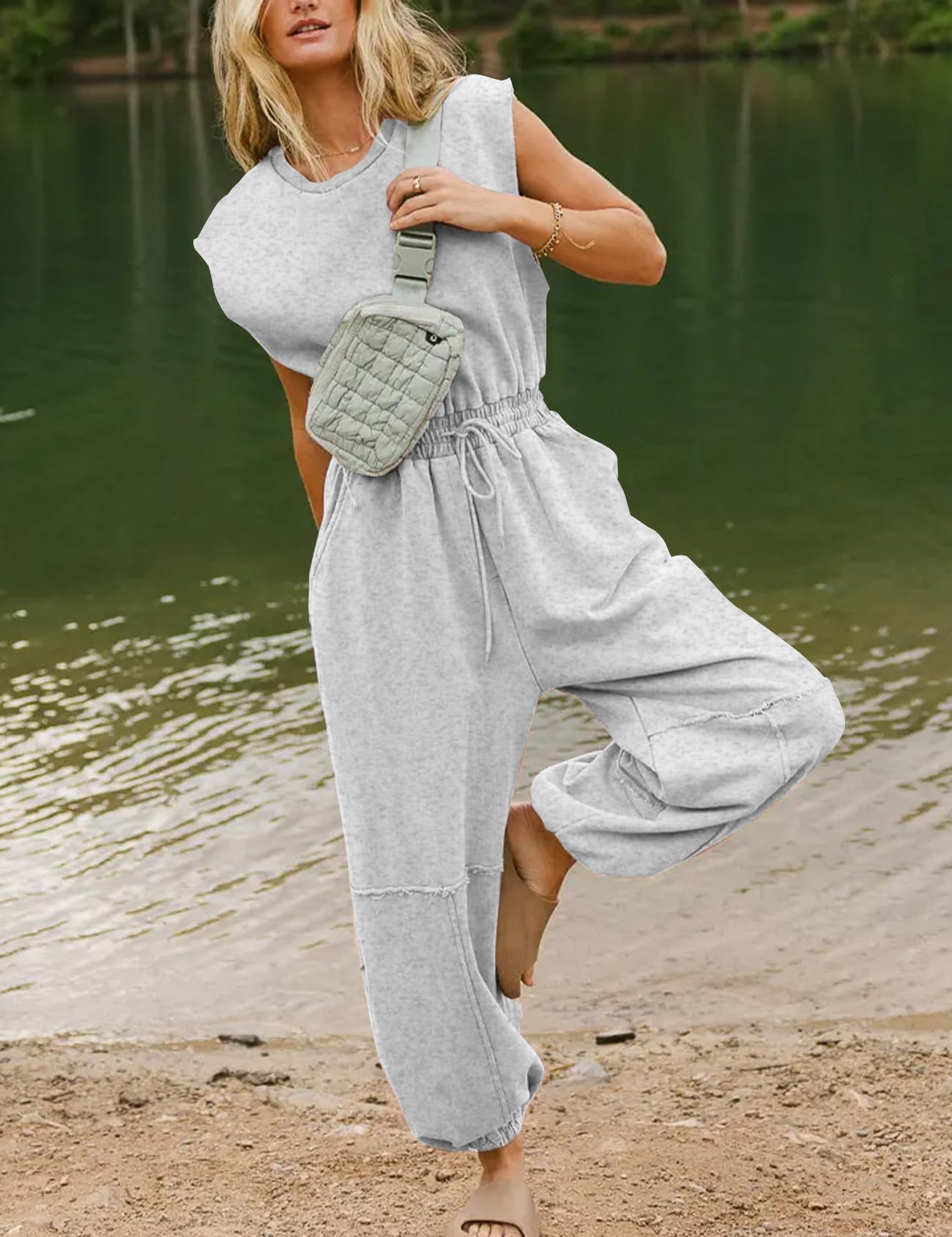 Flygo Womens Casual Jumpsuit Crewneck Cap Sleeve Long Wide Leg Pants One Piece Outfits Drawstring Romper with Pockets(LightGrey-M)