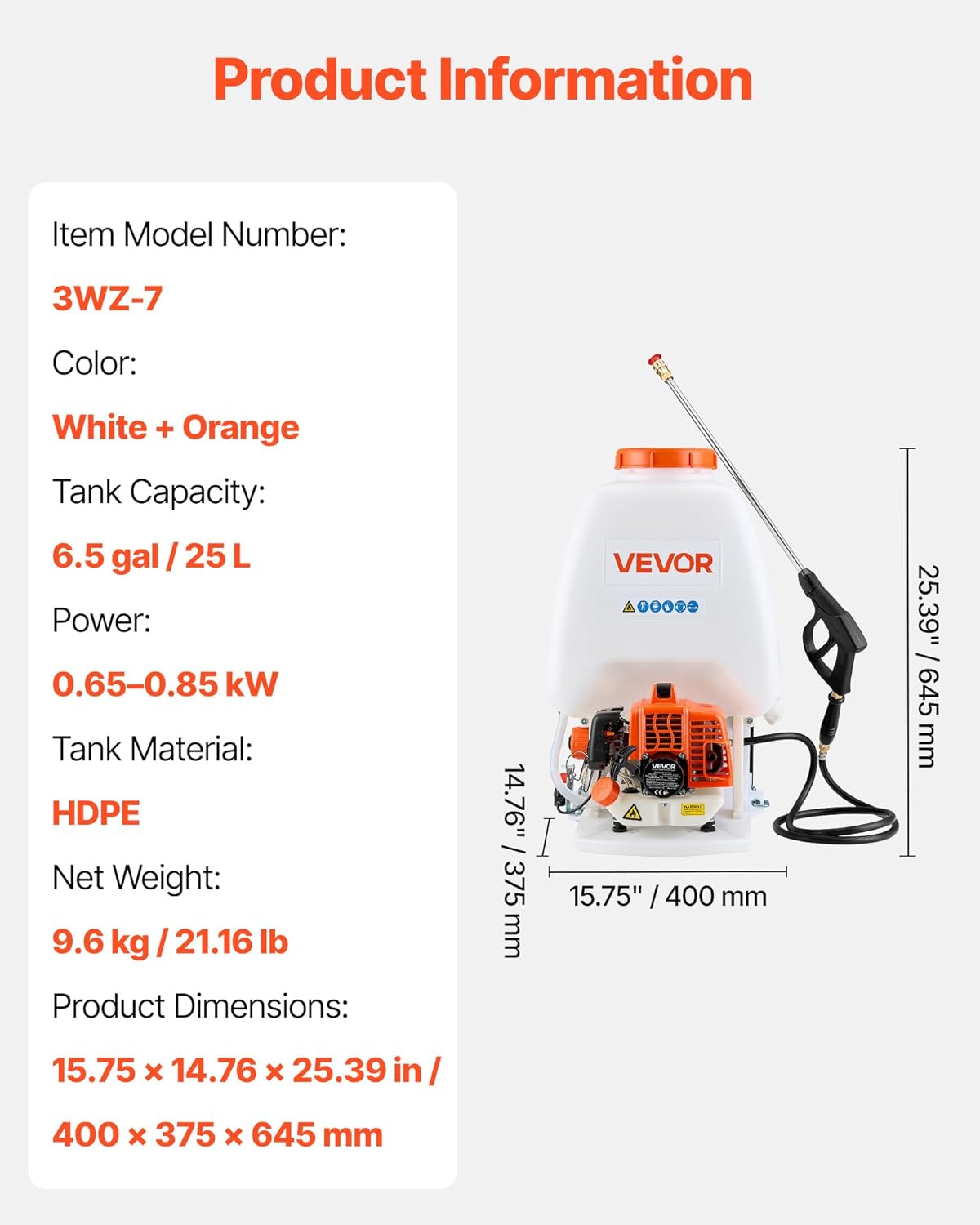 VEVOR Gas Powered Backpack Sprayer, 26.5CC 0.9HP Engine, Garden Sprayer with 6.5 Gallon Tank, Large Area Coverage, Lawn Spraying Machine with 24 in Wand & Nozzles for Efficient Gardening & Farming