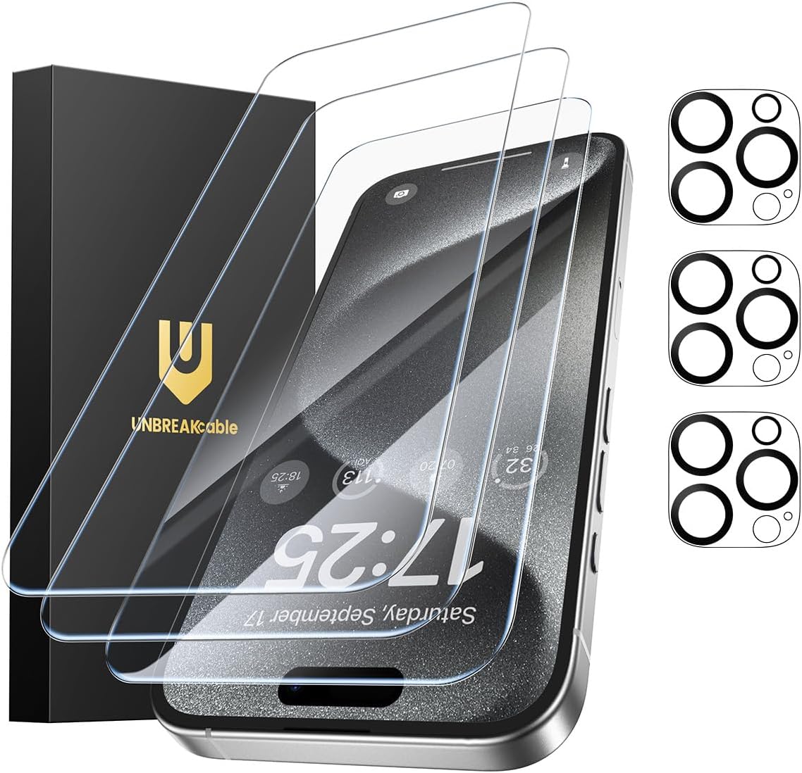 UNBREAKcable iPhone 16 Pro Max Screen Protector 3-Pack, 3 Tempered Glass + 3 Camera Lens Protectors, 9H Hardness, HD Clarity, Anti-Fingerprint, Case Friendly, 6.9 Inch