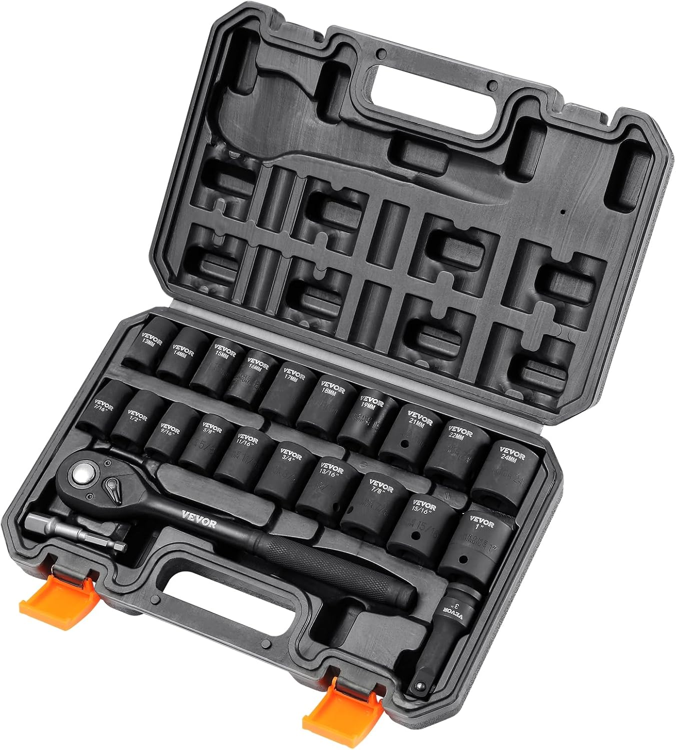 VEVOR 1/2" Drive Impact Socket Set, 65 Piece SAE 3/8" to 1-1/4" and Metric 10-24mm, 6 Point Cr-V Alloy Steel for Auto Repair, Easy-to-Read Size Markings, Rugged Construction, Storage Case