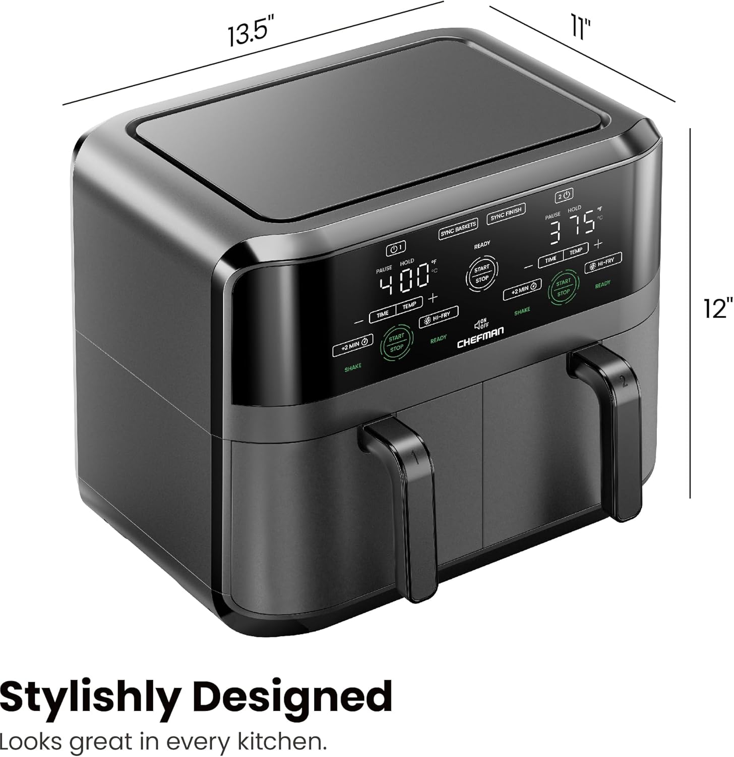 Chefman 6 Quart Dual Basket Air Fryer - Digital Touchscreen, Smart Sync Finish, Hi-Fry, Auto Shutoff, 2 Independent 3QT Nonstick Dishwasher-Safe Frying Baskets - Digital Double Air Fryer - Black