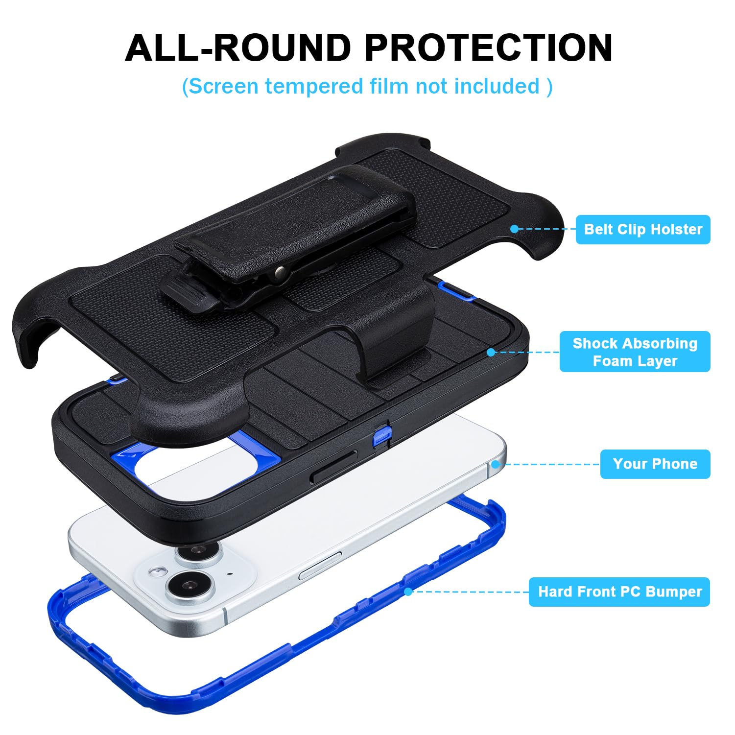 for Phone case iPhone 13 Case with Belt Clip, Heavy Duty Military Grade Drop iPhone13 Protective Case, Shockproof Defender Cover for iPhone 13 Cases 6.1 inch (Black+Blue)