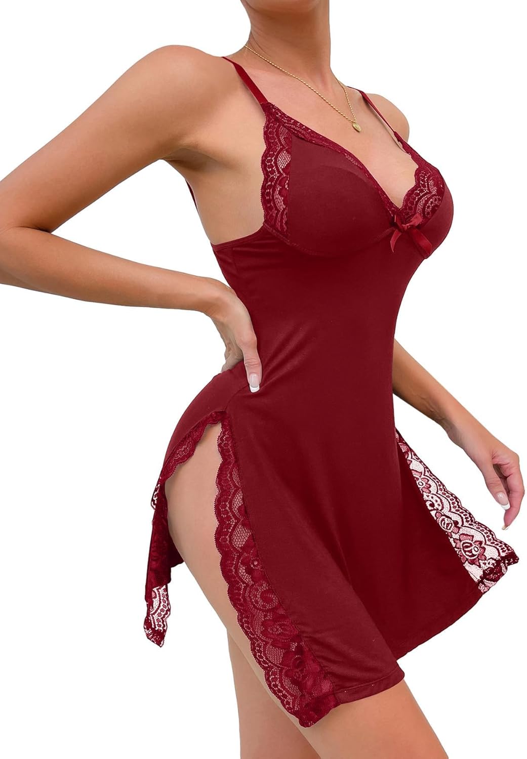 Sexy Split Side Floral Lace Trim Full Slip Night Gown Babydoll Lingerie Dress with Thong 2 piece