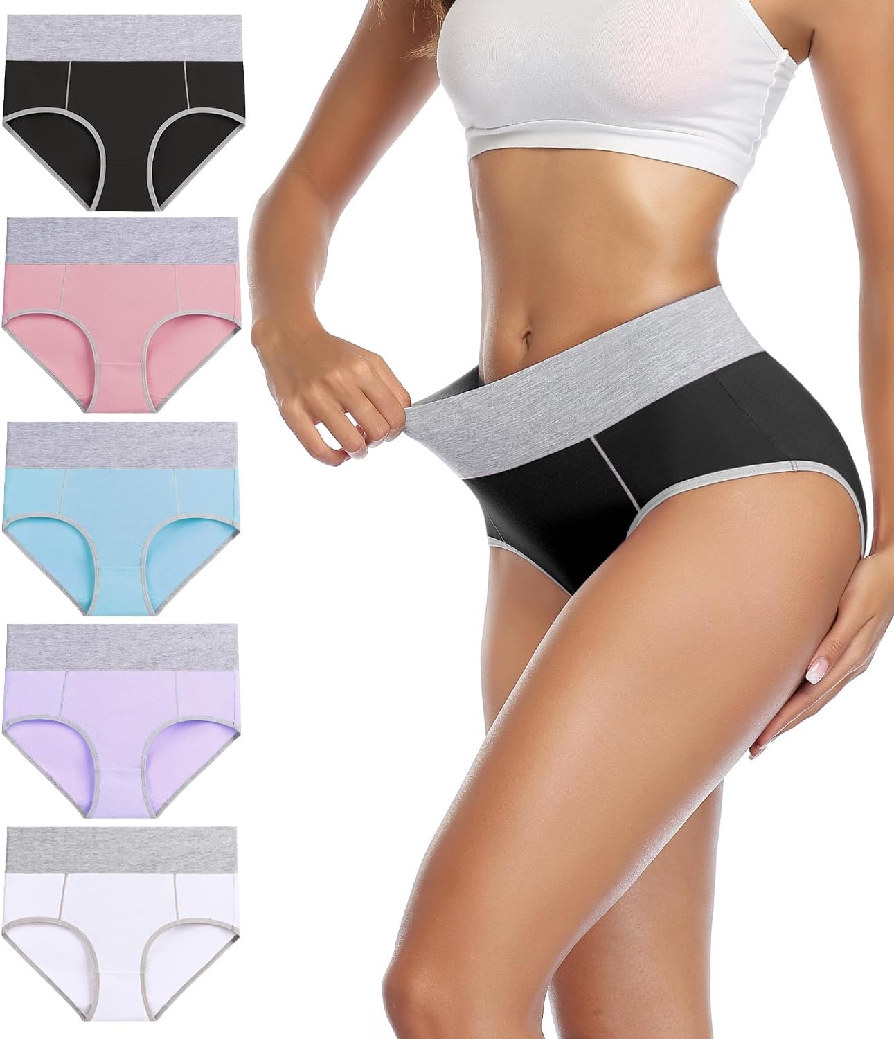 wirarpa Women's Cotton Underwear High Waist Stretch Briefs Soft Underpants Ladies Full Coverage Panties 5 Pack