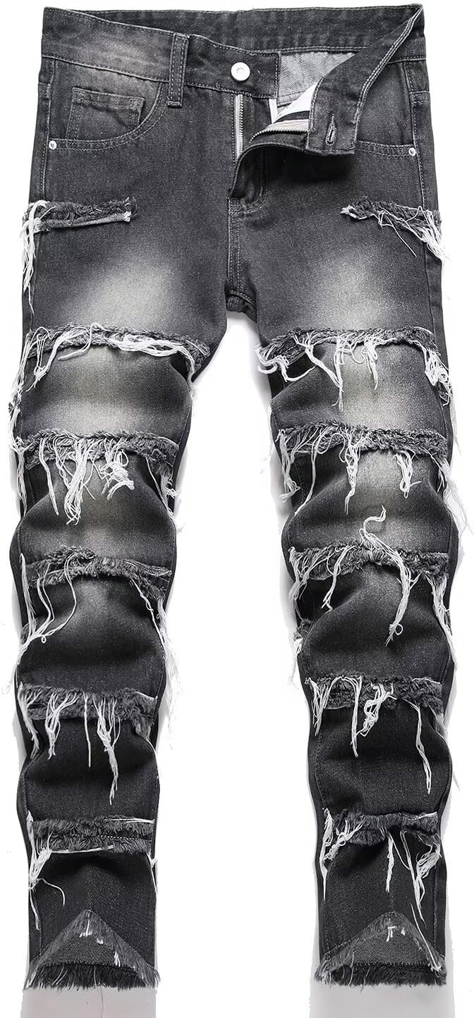 HENGAO Boy's Distressed Ripped Skinny Jeans