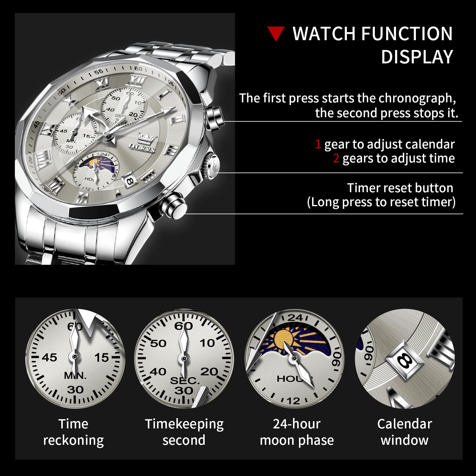 OLEVS Watches Men Luxury Chronograph Moon Phase Waterproof Luminous Watches for Men Analog Quartz Calendar Stainless Steel Strap Wrist Watches-(Black/Blue/Gold/Grey/Silver Face)