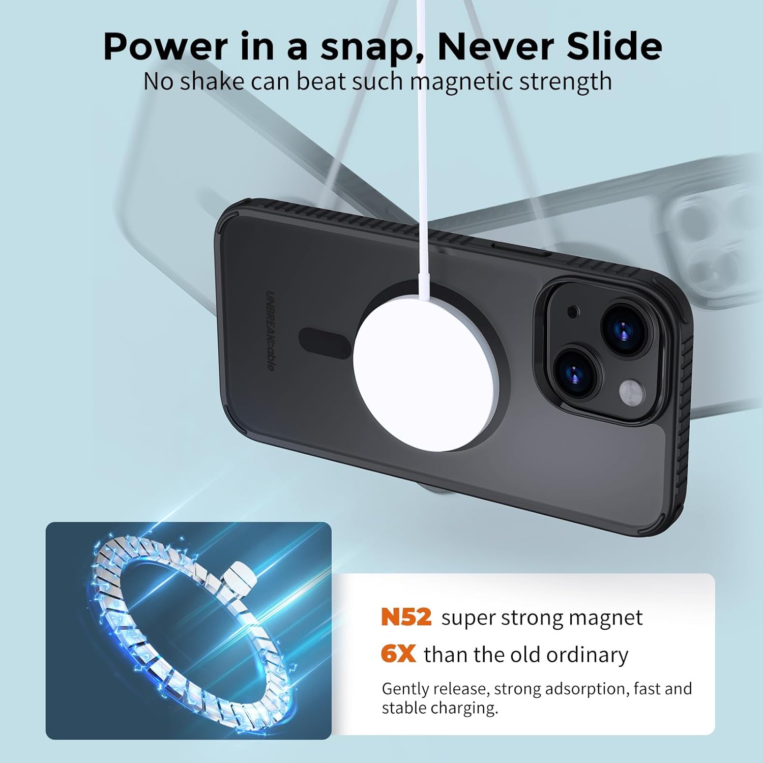 UNBREAKcable Case for iPhone 14 & iPhone 13, [Compatible with MagSafe] [Military Grade Shockproof] [Non-Slip] Translucent Matte Back and Soft TPU Edge Protective Case for iPhone 14/13 6.1", Black