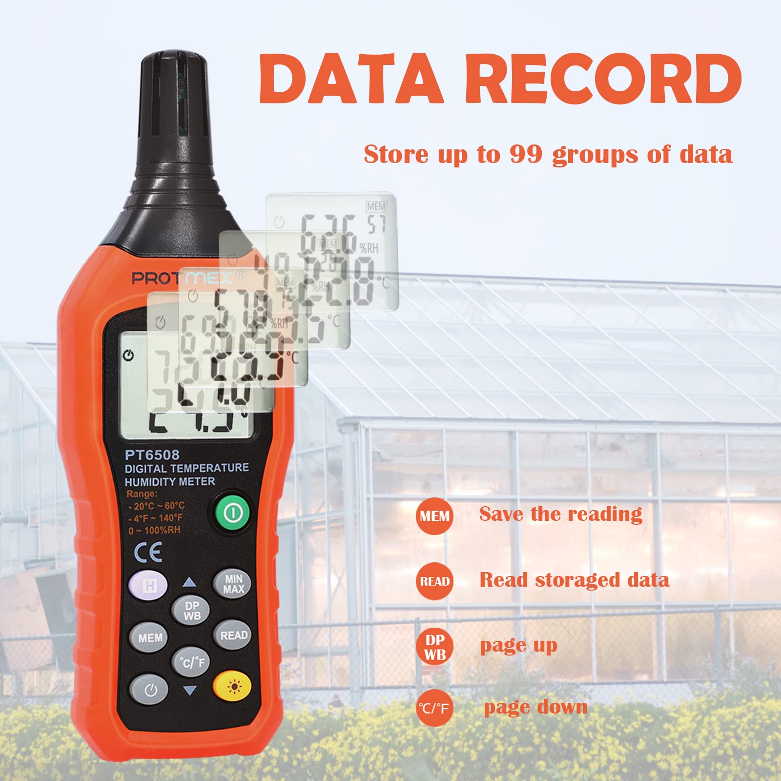 Digital Temperature Humidity Meter, Thermometer Hygrometer with Ambient Dew Point and Wet Bulb Temperature Indoor and Outdoor, Data Logger with Min/Max Hold, LCD Backlight, PT6508